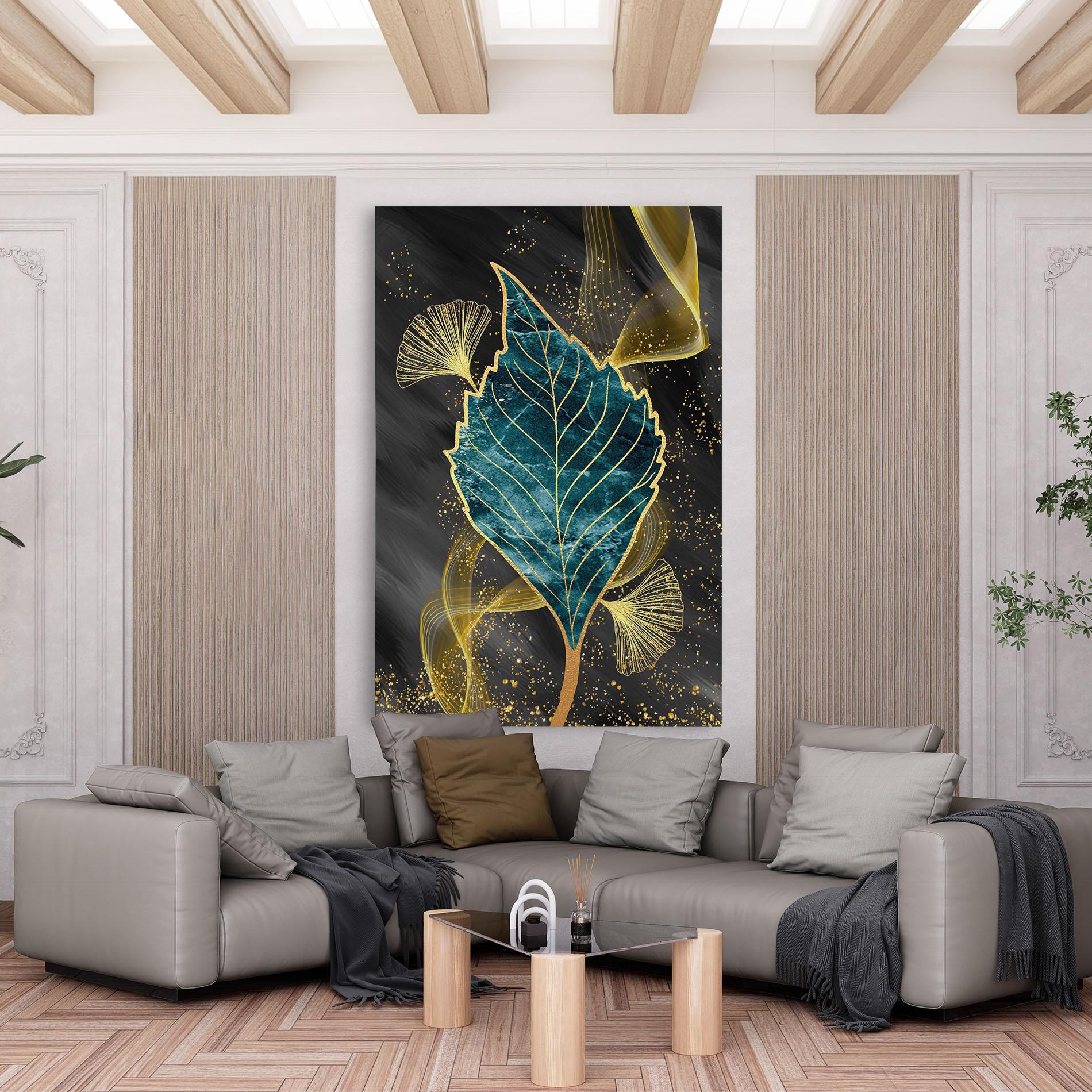 Tablou Canvas Golden Leaves Blue mockup 6