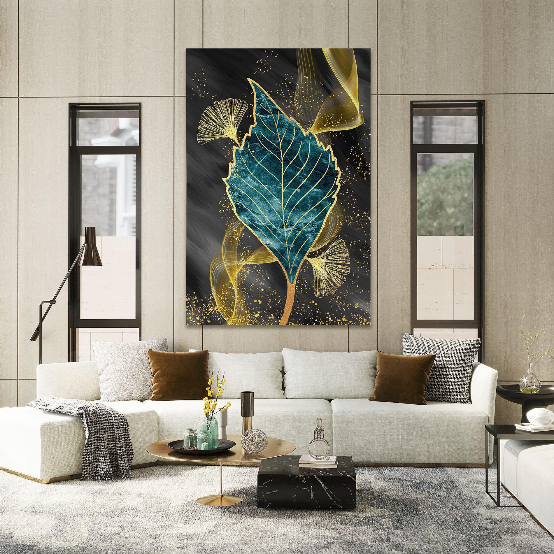 Tablou Canvas Golden Leaves Blue mockup 2