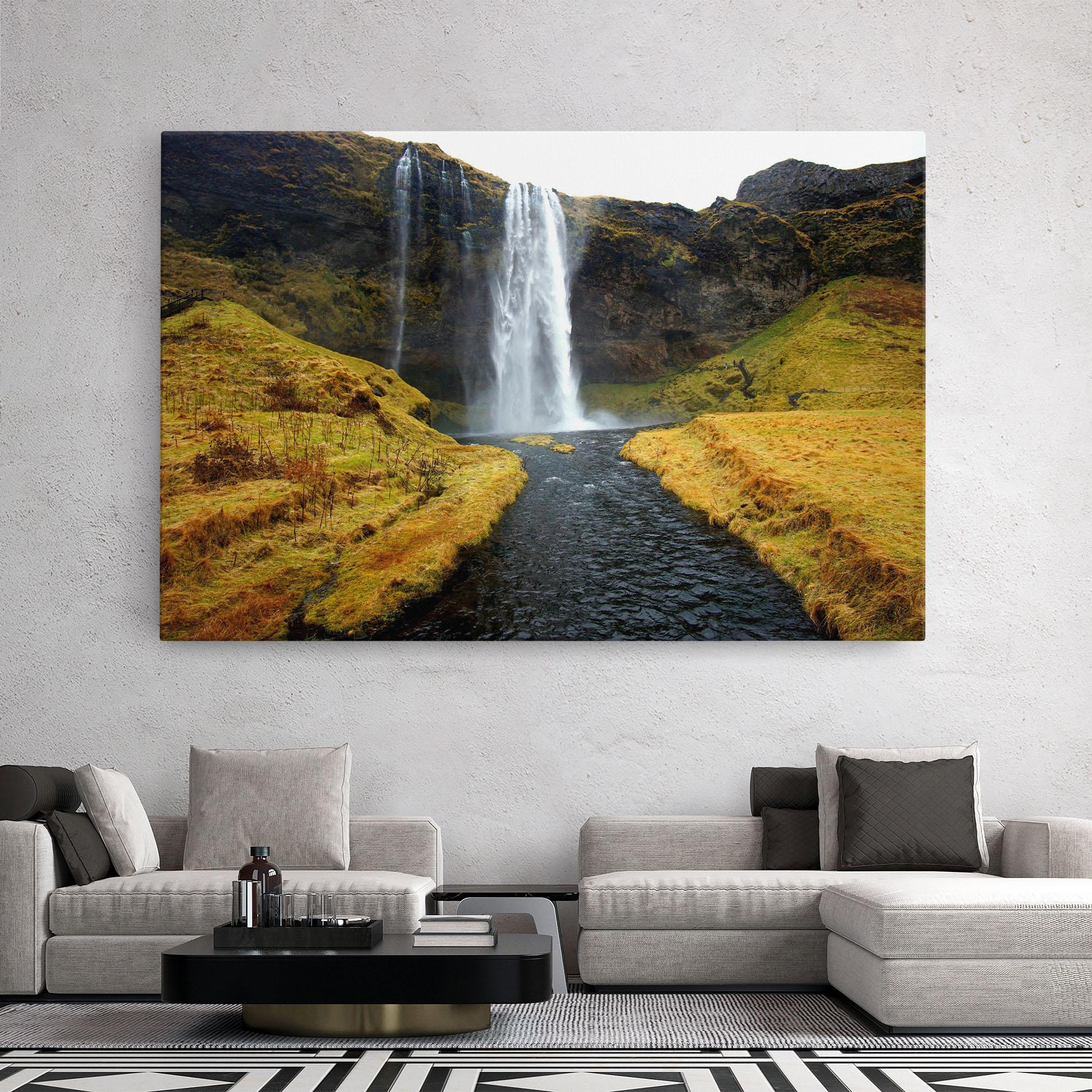 Tablou Canvas Yellow Grass Waterfall mockup 2