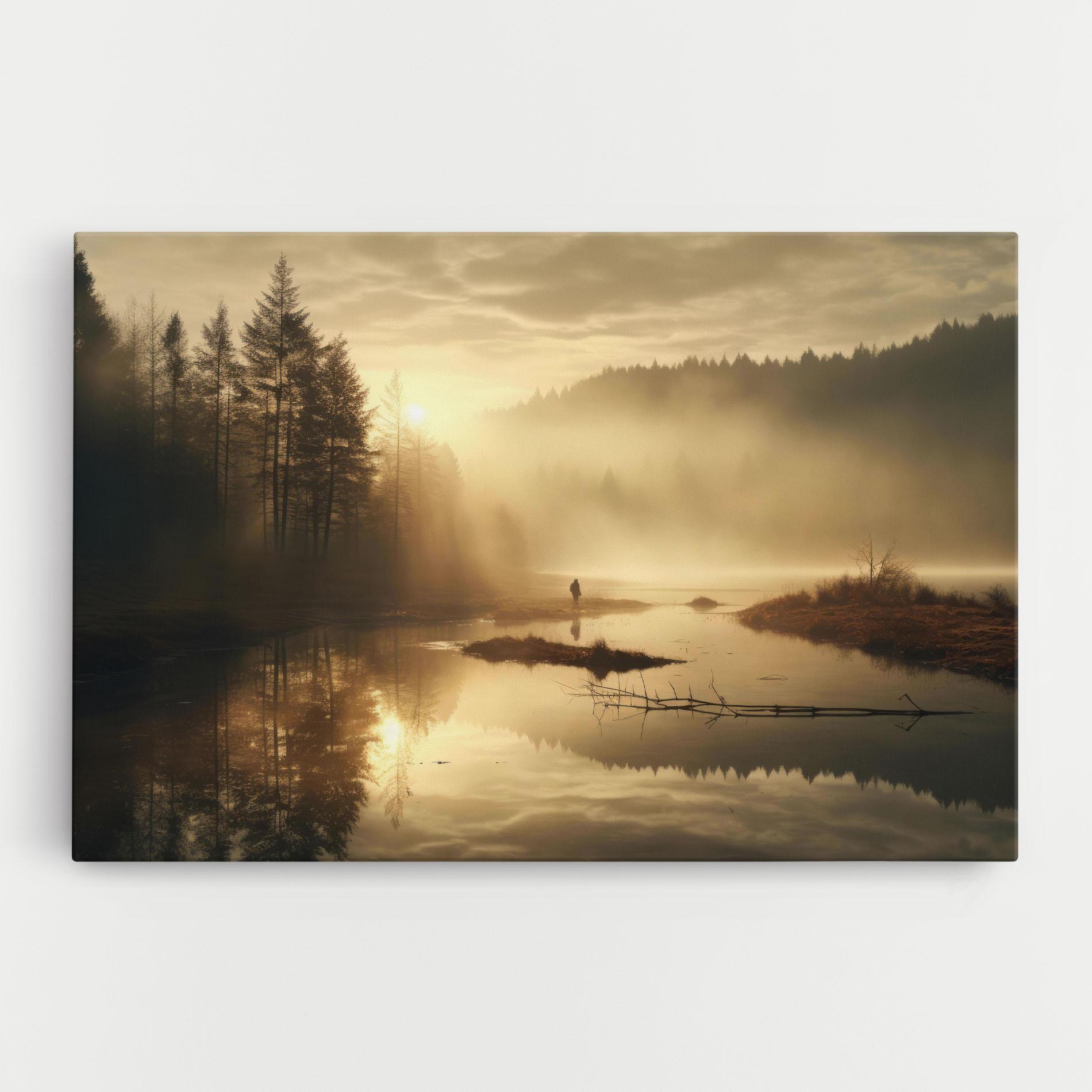 Tablou Canvas The Sun Is Rising Over A River In A Foggy Forest mockup 0