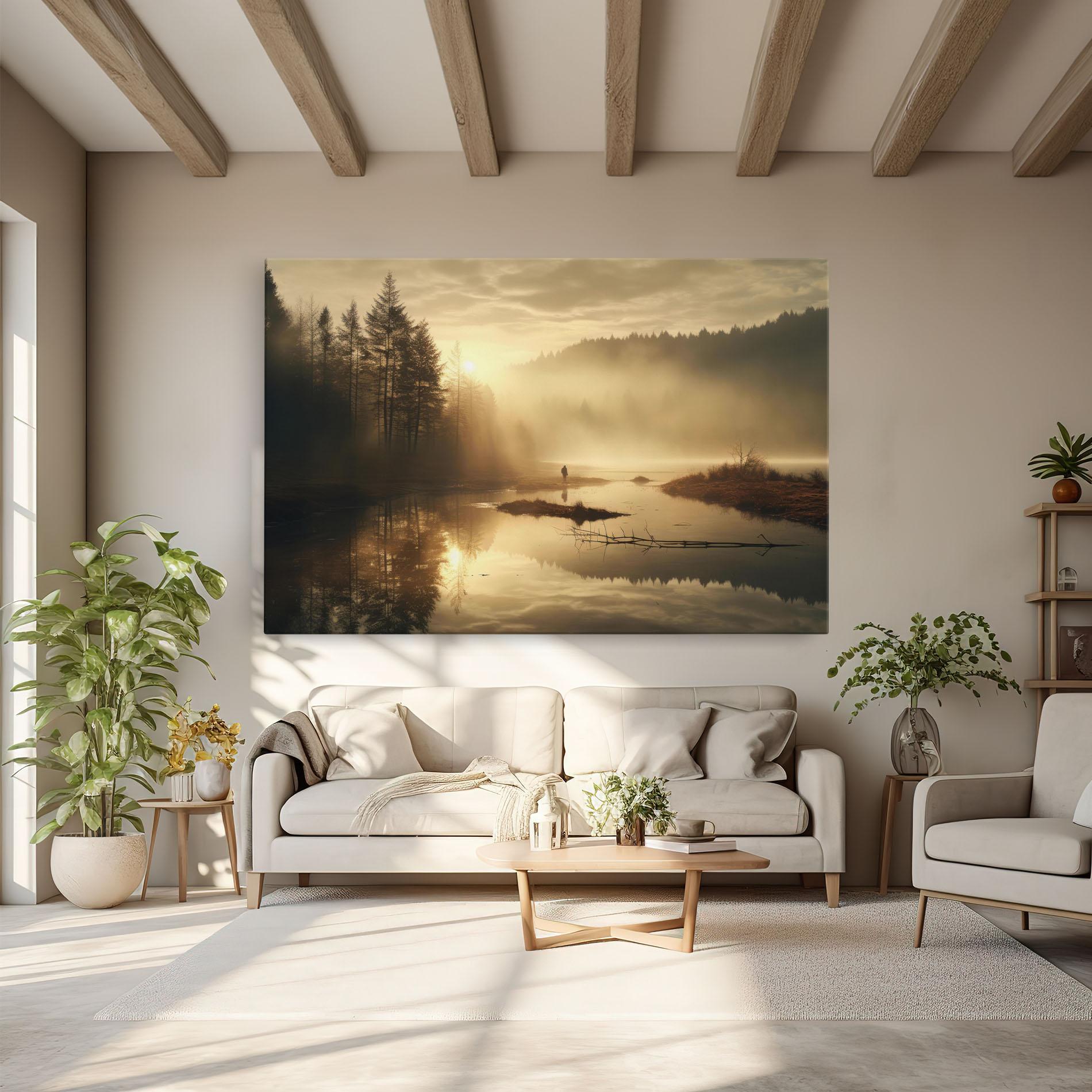 Tablou Canvas The Sun Is Rising Over A River In A Foggy Forest mockup 6