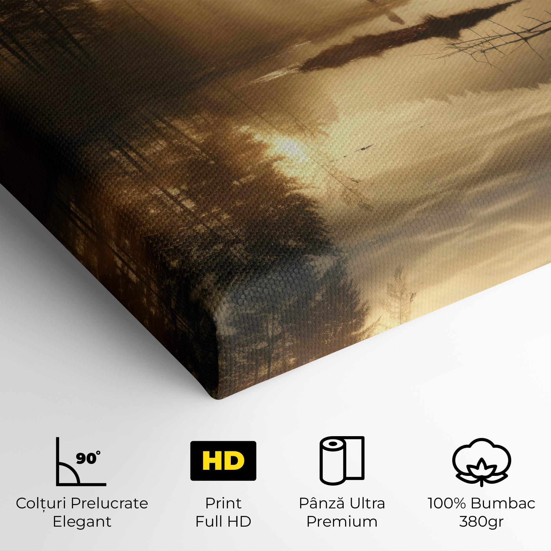 Tablou Canvas The Sun Is Rising Over A River In A Foggy Forest mockup 4