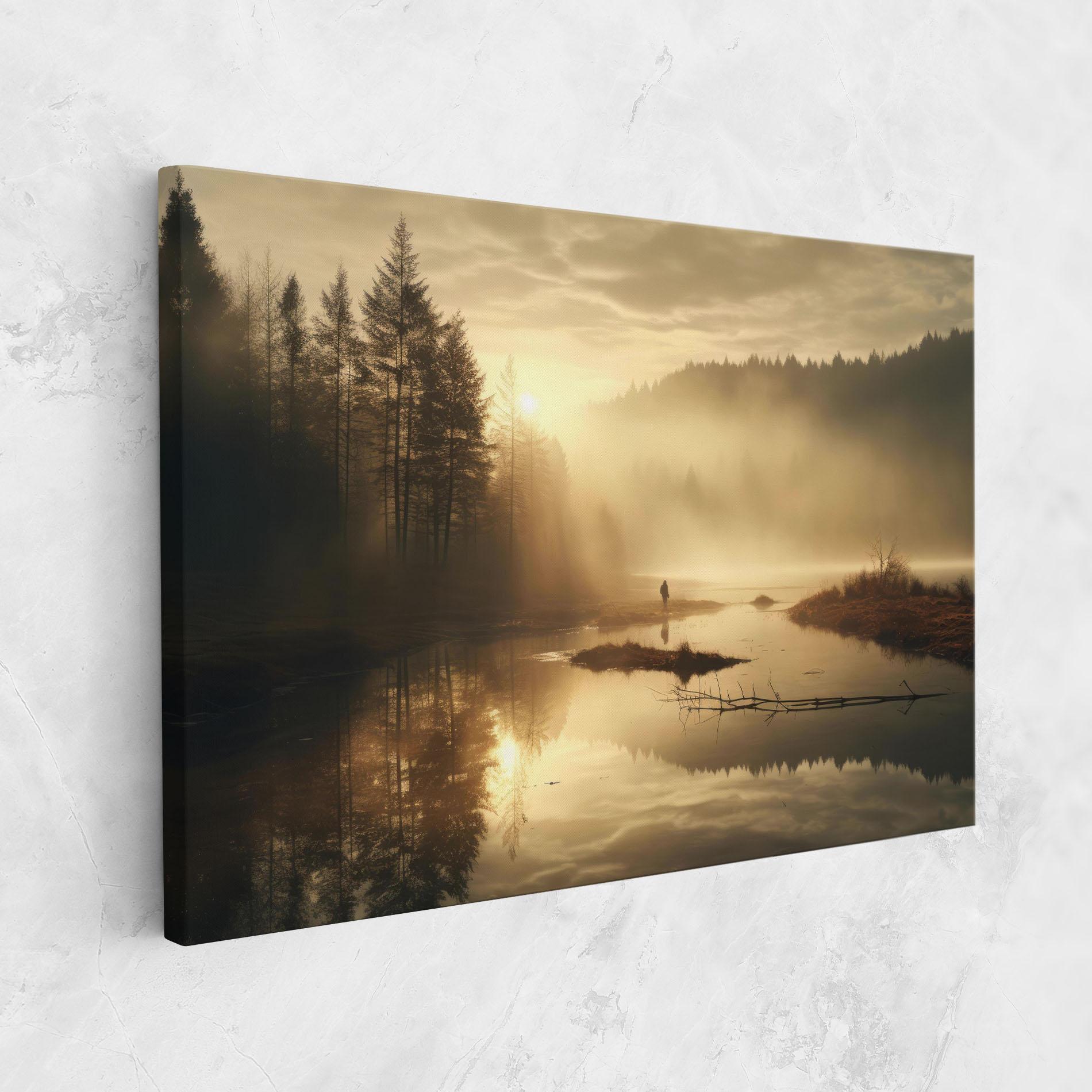 Tablou Canvas The Sun Is Rising Over A River In A Foggy Forest mockup 1