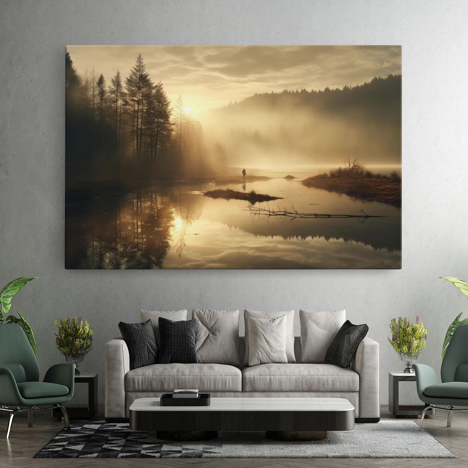 Tablou Canvas The Sun Is Rising Over A River In A Foggy Forest mockup 7