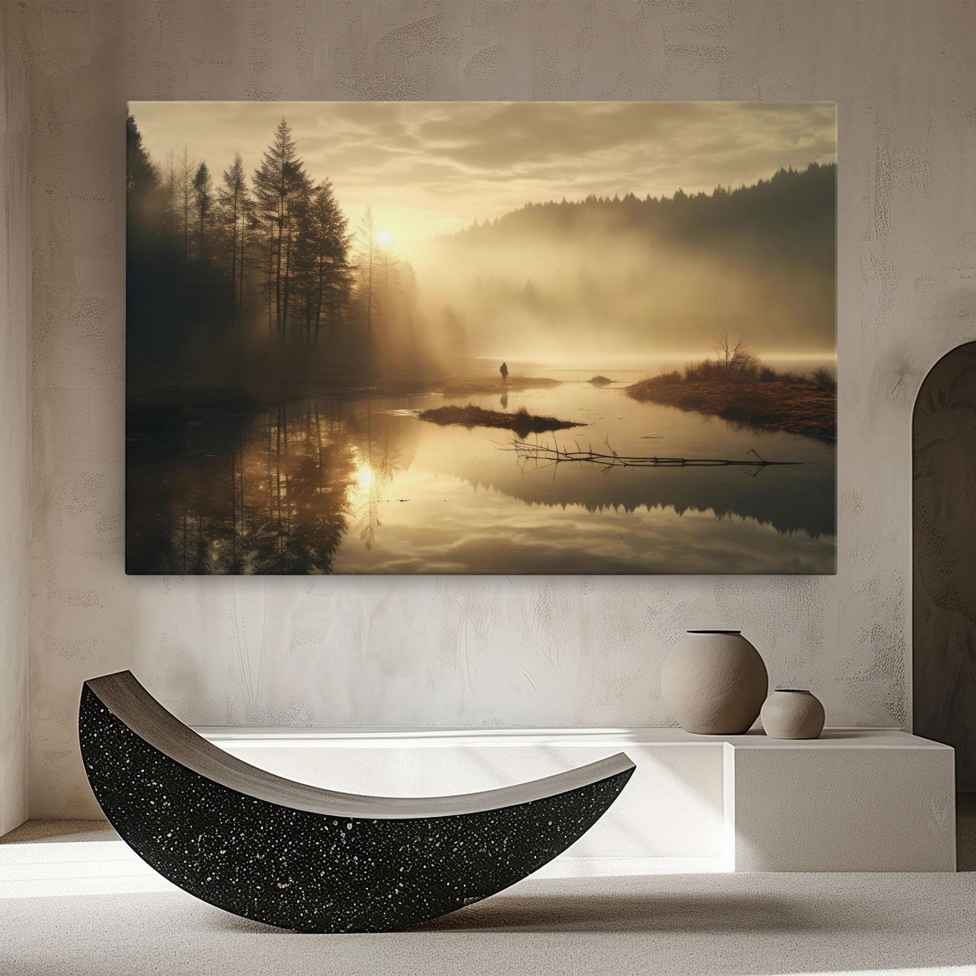 Tablou Canvas The Sun Is Rising Over A River In A Foggy Forest mockup 8