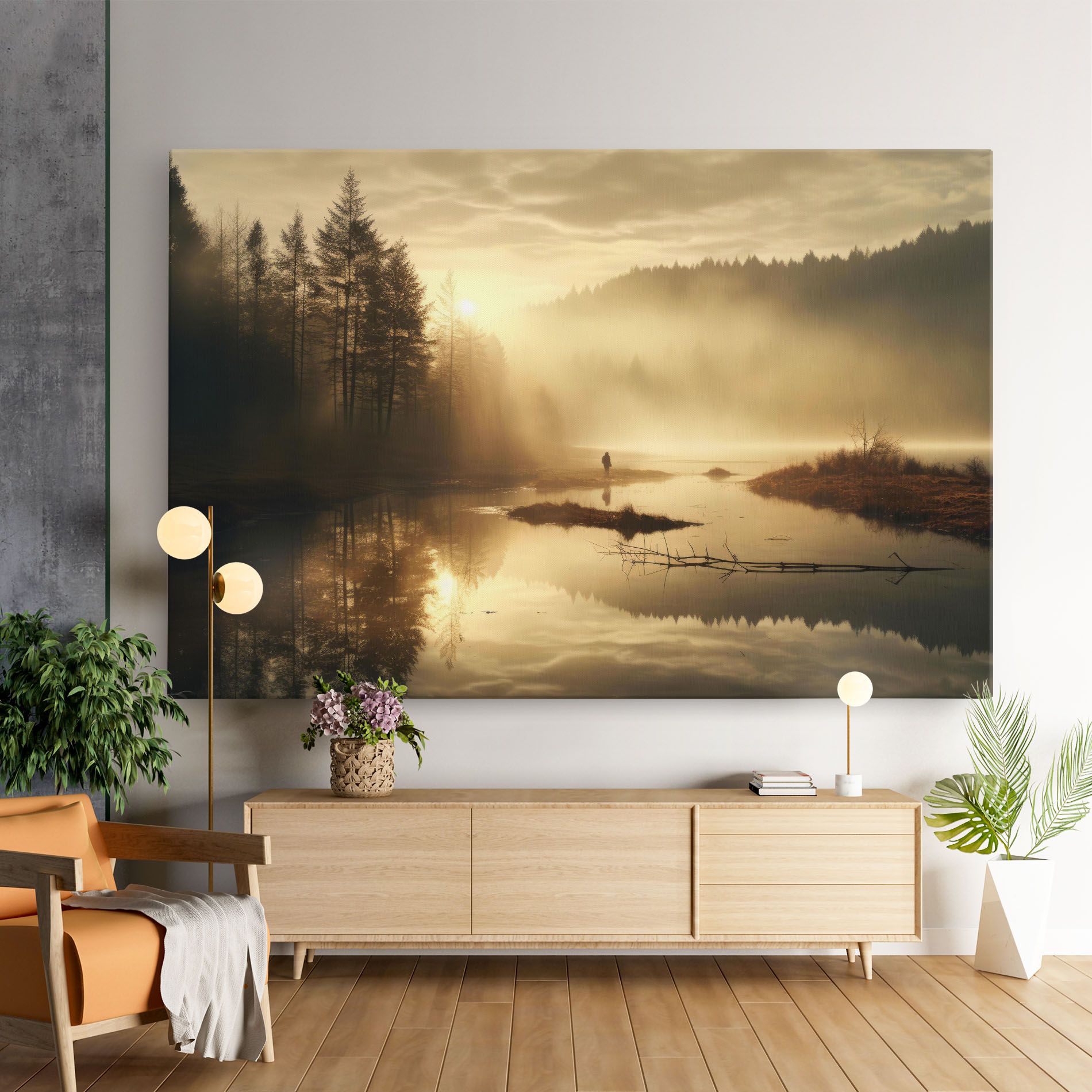 The Sun Is Rising Over A River In A Foggy Forest mockup 9