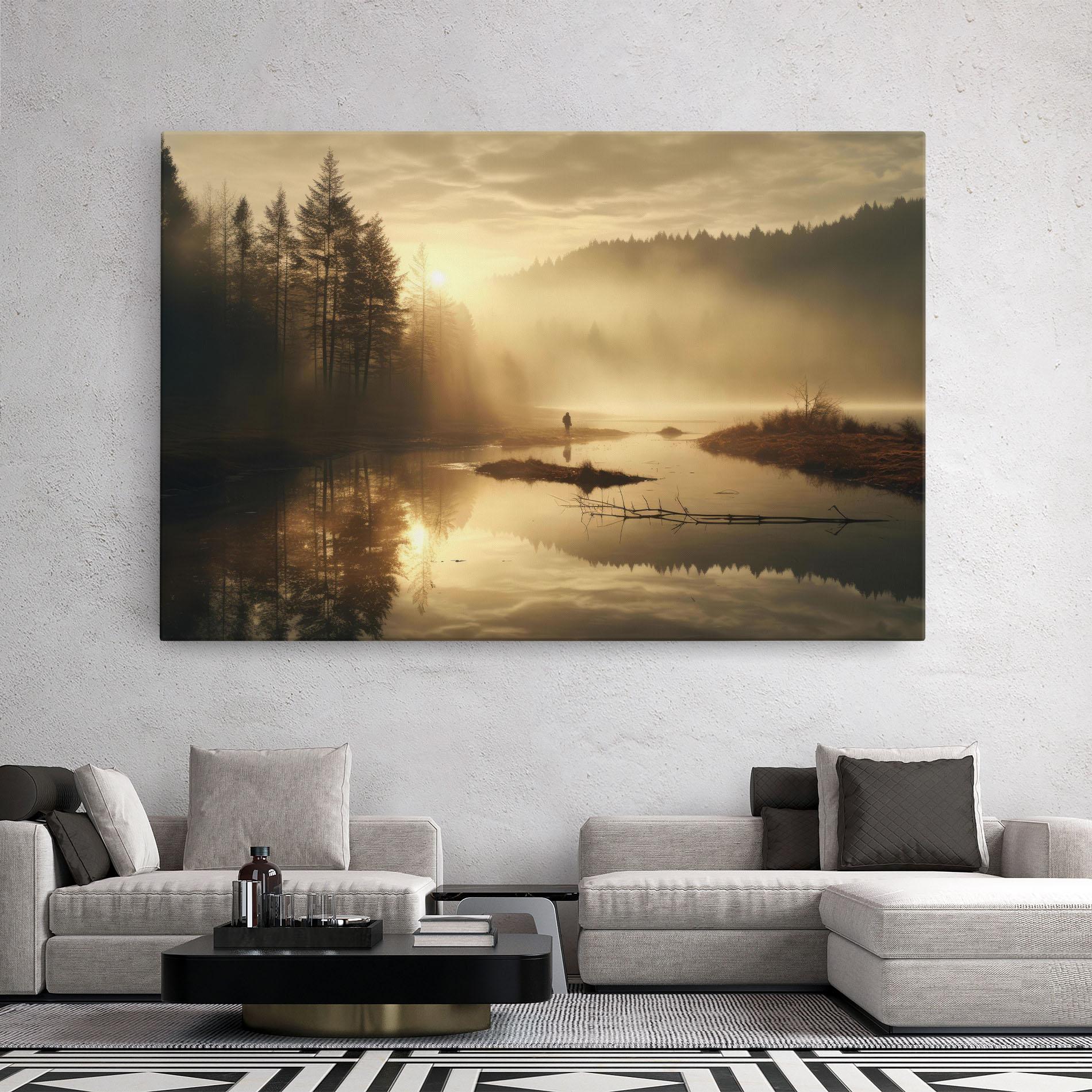 Tablou Canvas The Sun Is Rising Over A River In A Foggy Forest mockup 2