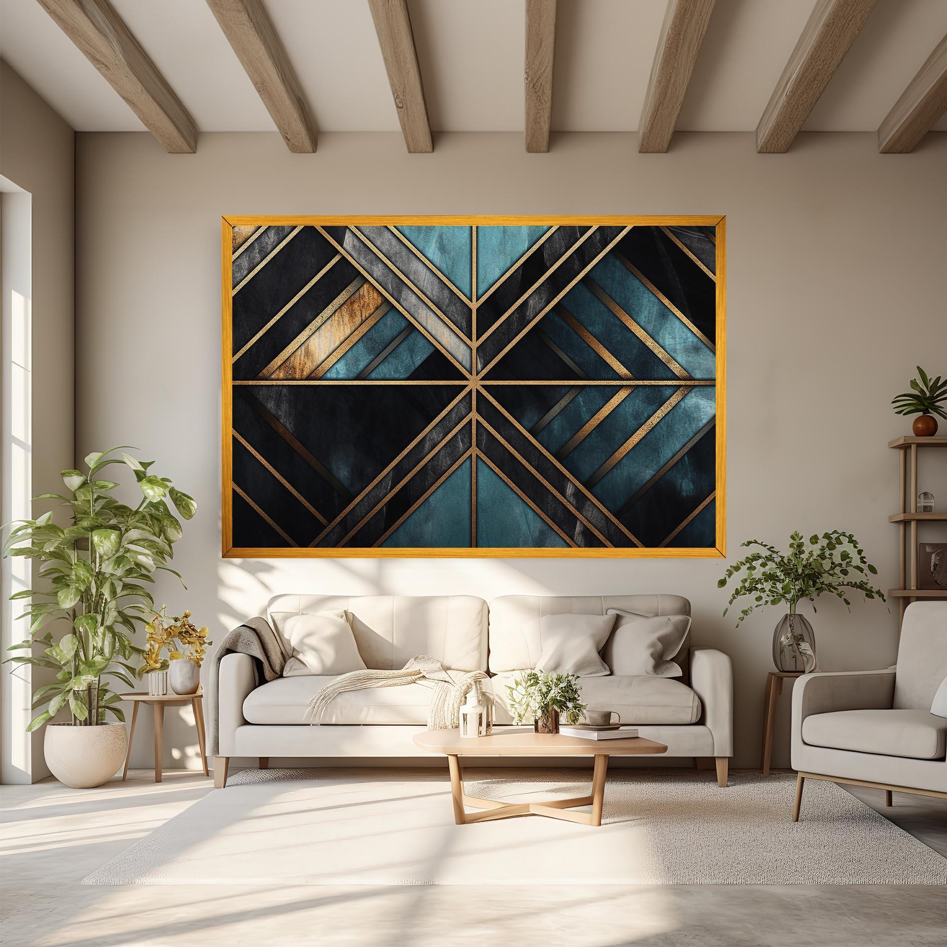 Tablou Canvas Gold Lines On Blue Painting mockup 6