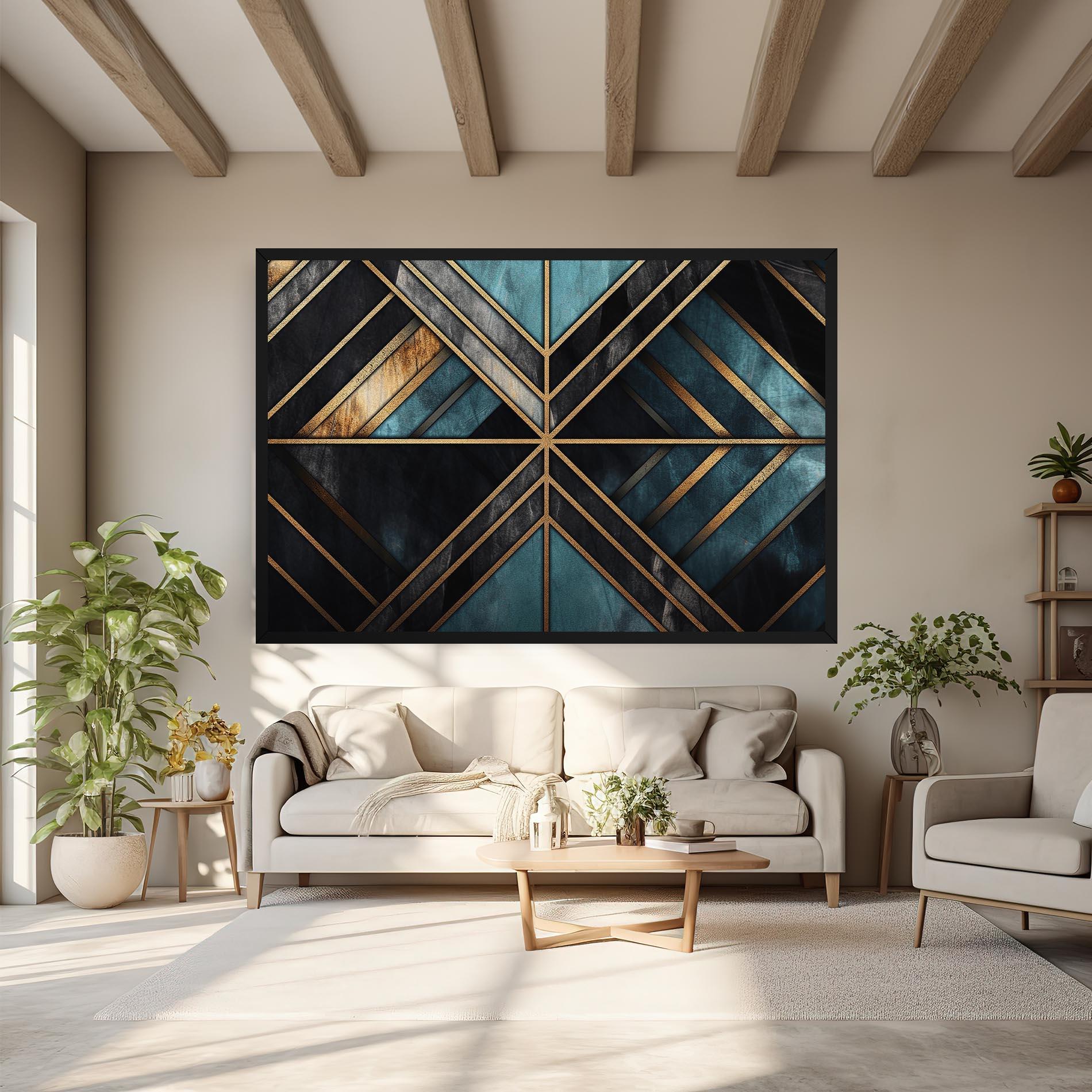 Tablou Canvas Gold Lines On Blue Painting mockup 6