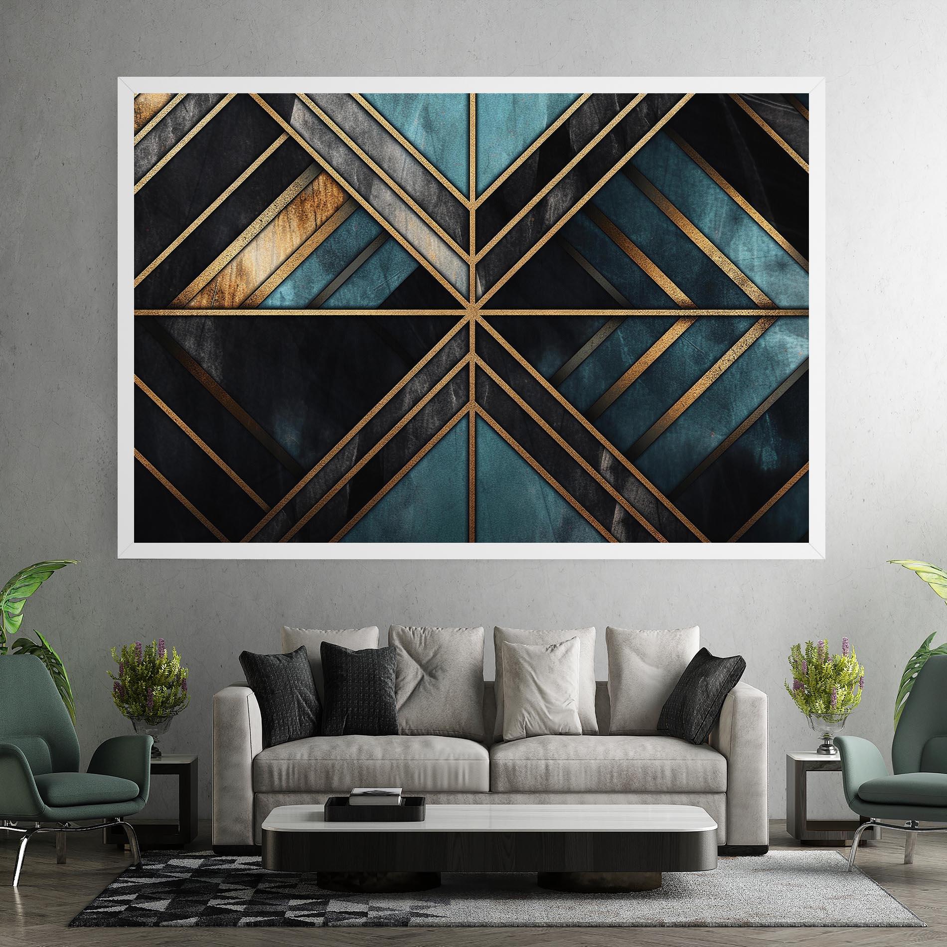 Tablou Canvas Gold Lines On Blue Painting mockup 7