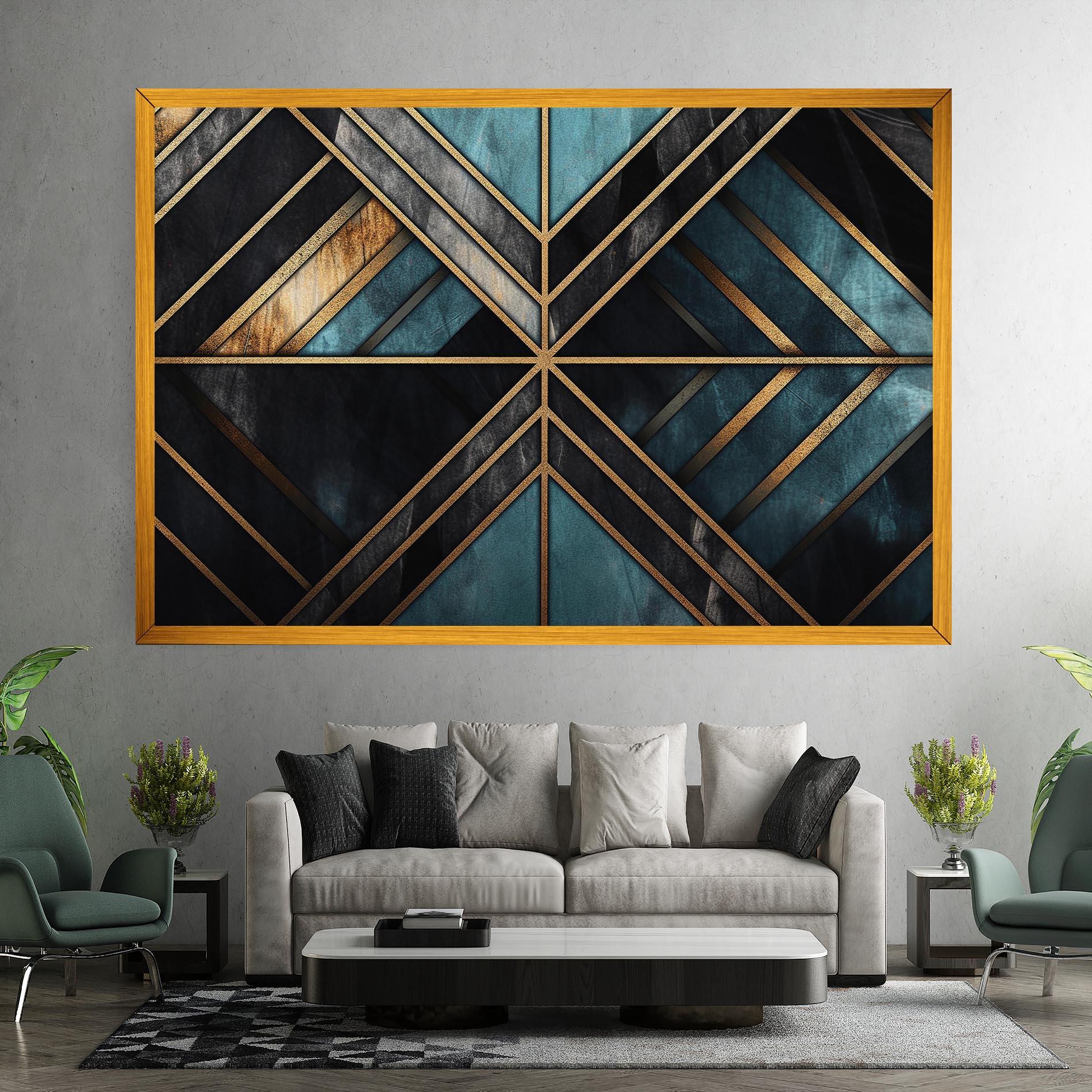 Tablou Canvas Gold Lines On Blue Painting mockup 7