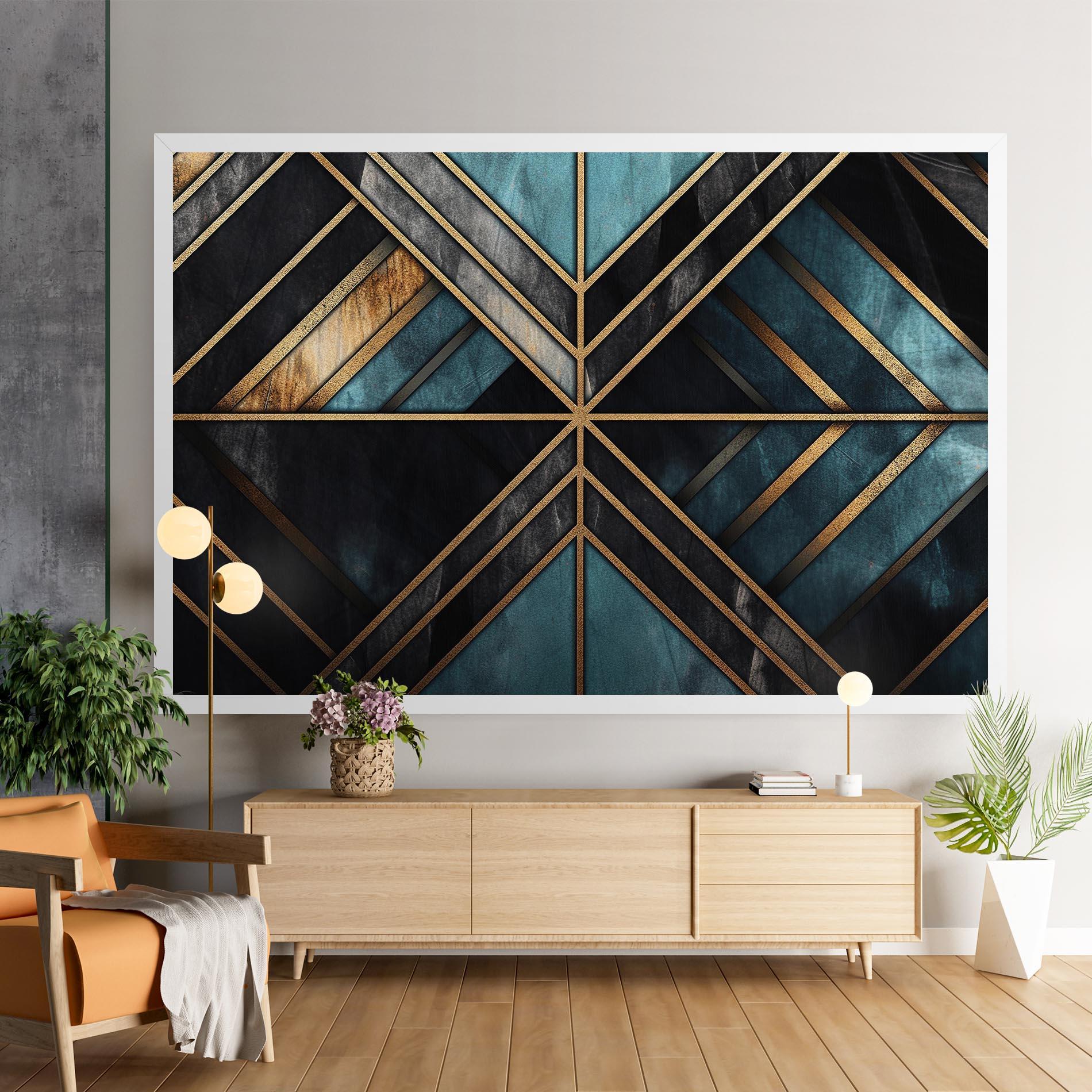 Tablou Canvas Gold Lines On Blue Painting mockup 9