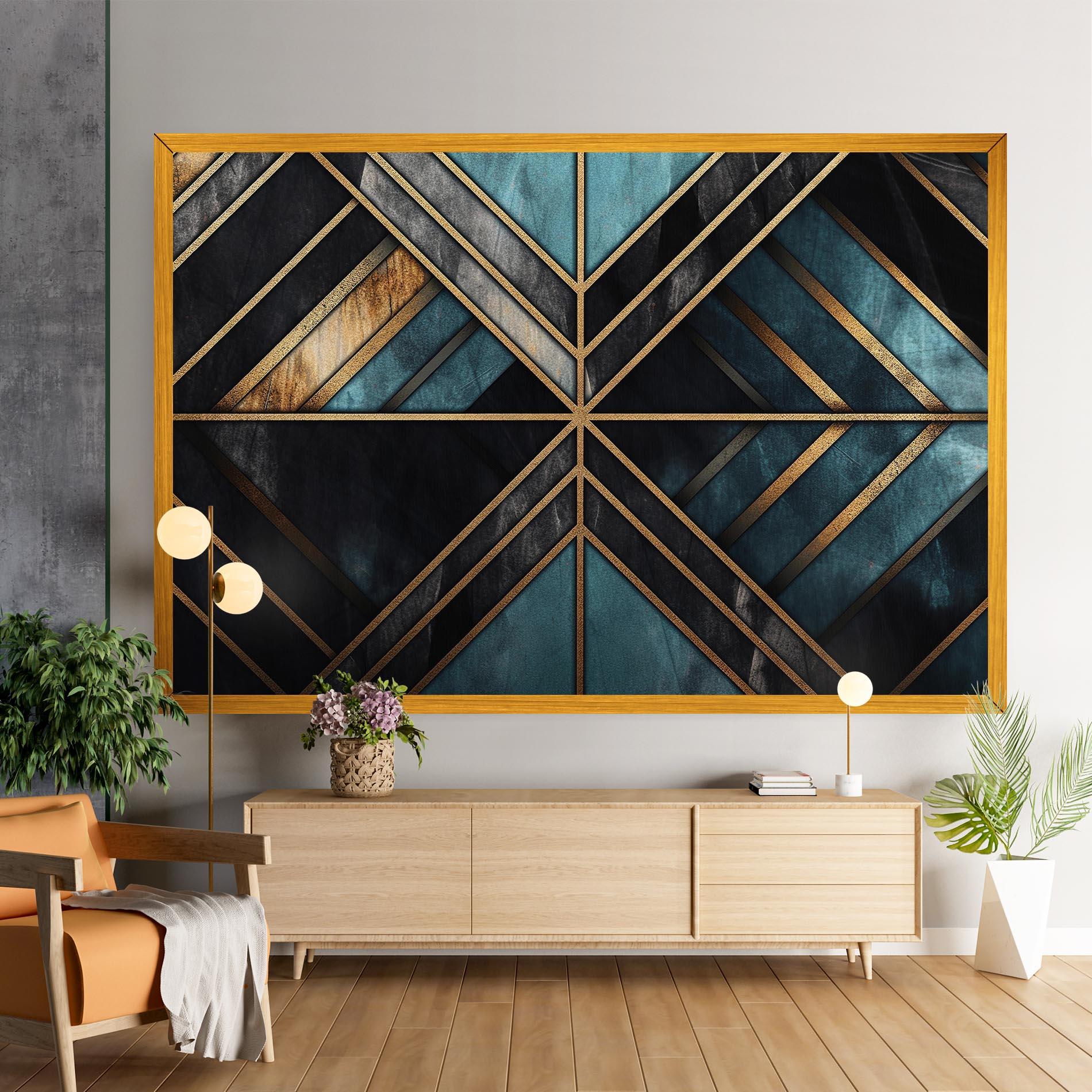 Tablou Canvas Gold Lines On Blue Painting mockup 9