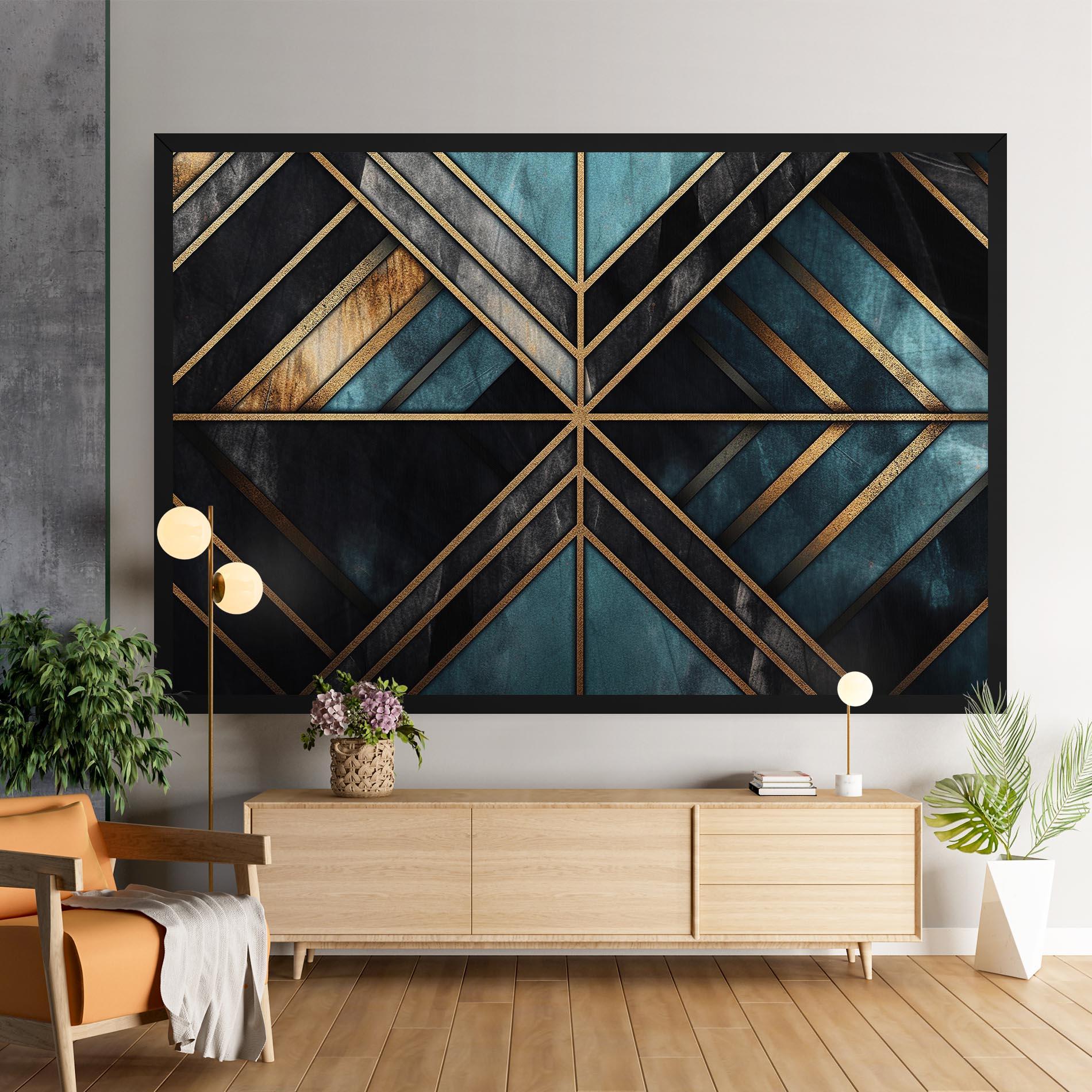 Tablou Canvas Gold Lines On Blue Painting mockup 9