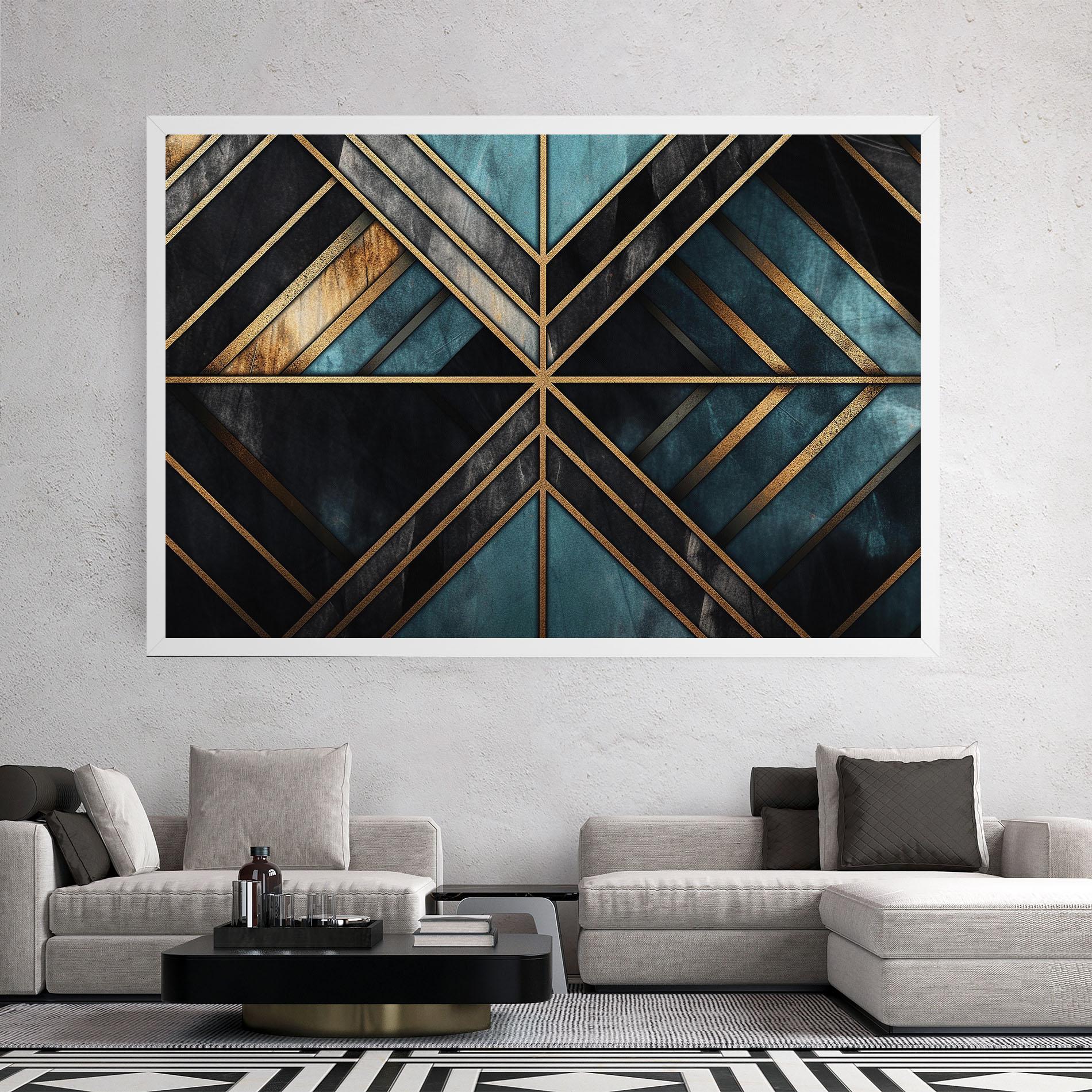 Tablou Canvas Gold Lines On Blue Painting mockup 2