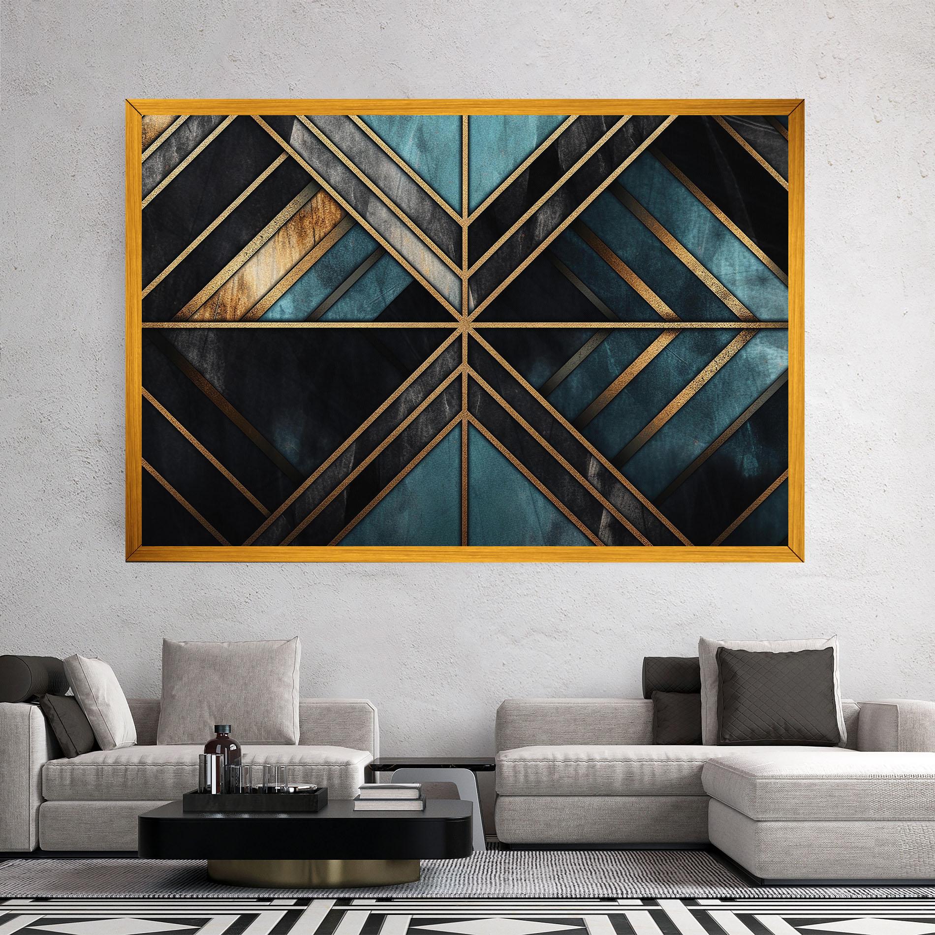 Tablou Canvas Gold Lines On Blue Painting mockup 2