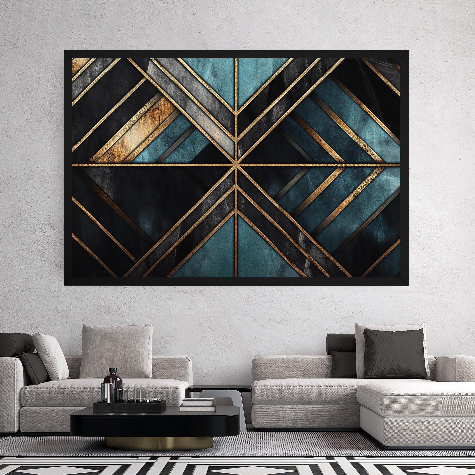 Tablou Canvas Gold Lines On Blue Painting mockup 2