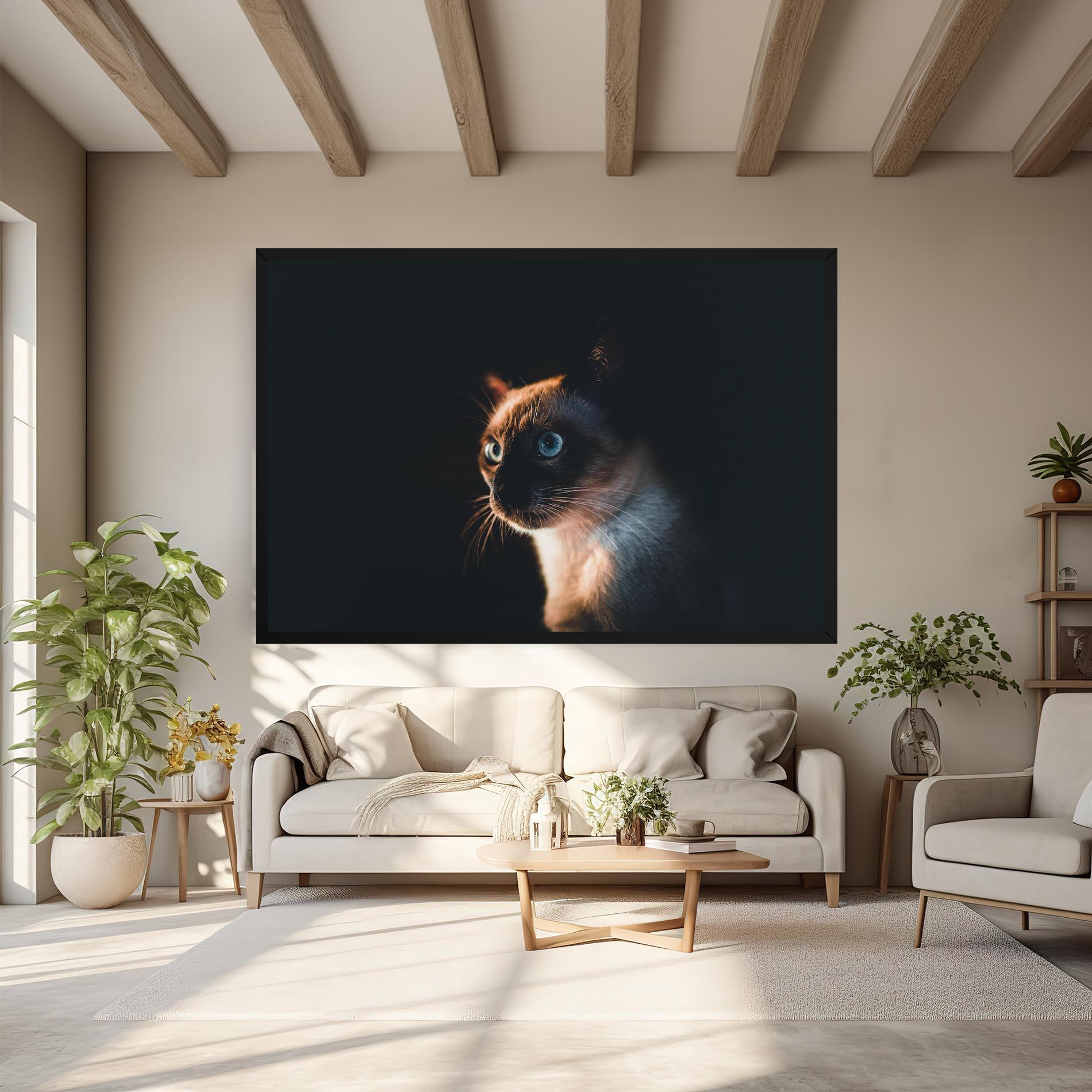 Tablou Canvas Blue Eyes Cat In Dark mockup 6