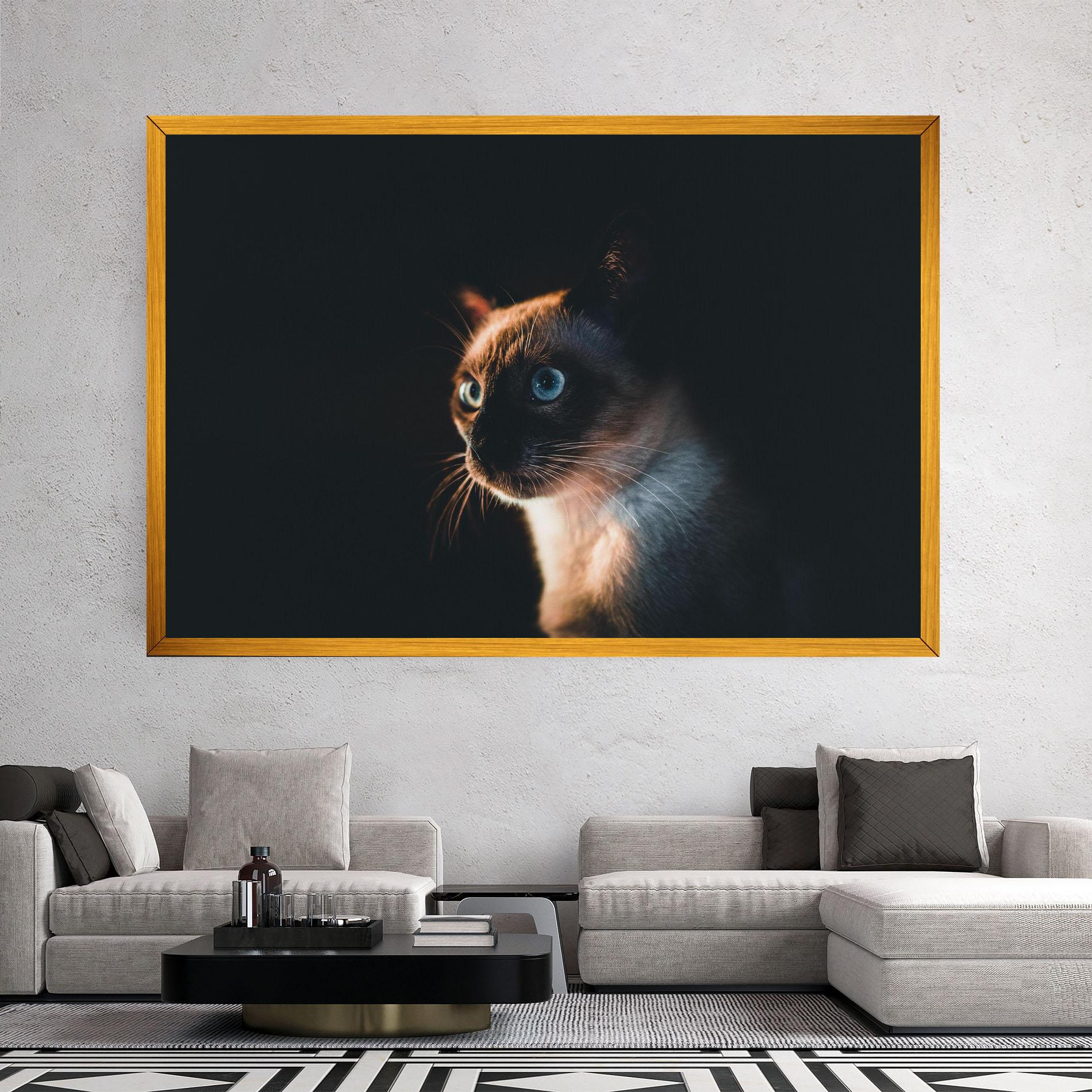 Tablou Canvas Blue Eyes Cat In Dark mockup 2