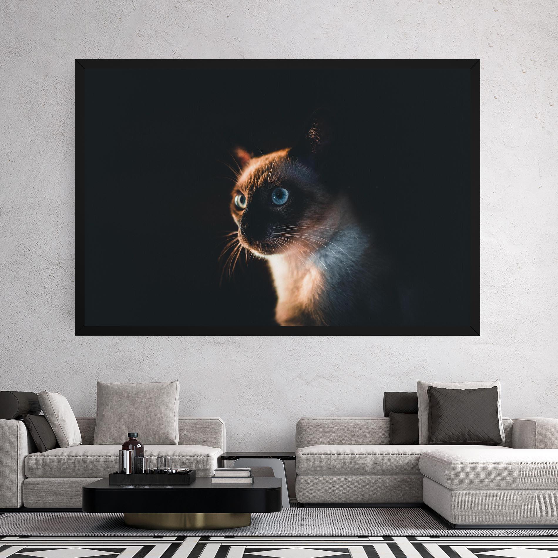 Tablou Canvas Blue Eyes Cat In Dark mockup 2
