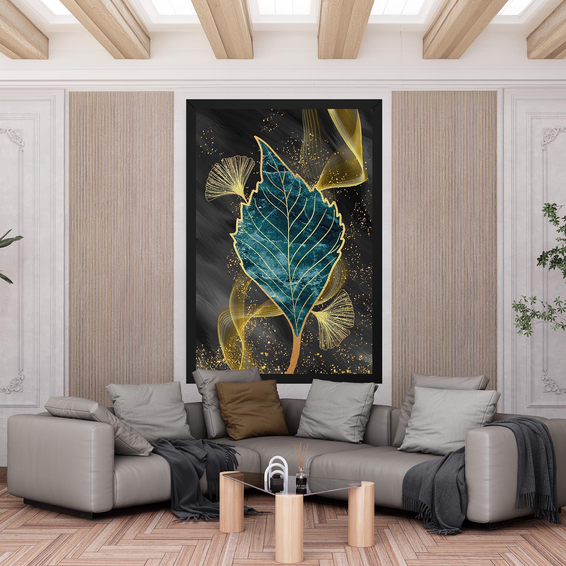 Tablou Canvas Golden Leaves Blue mockup 6