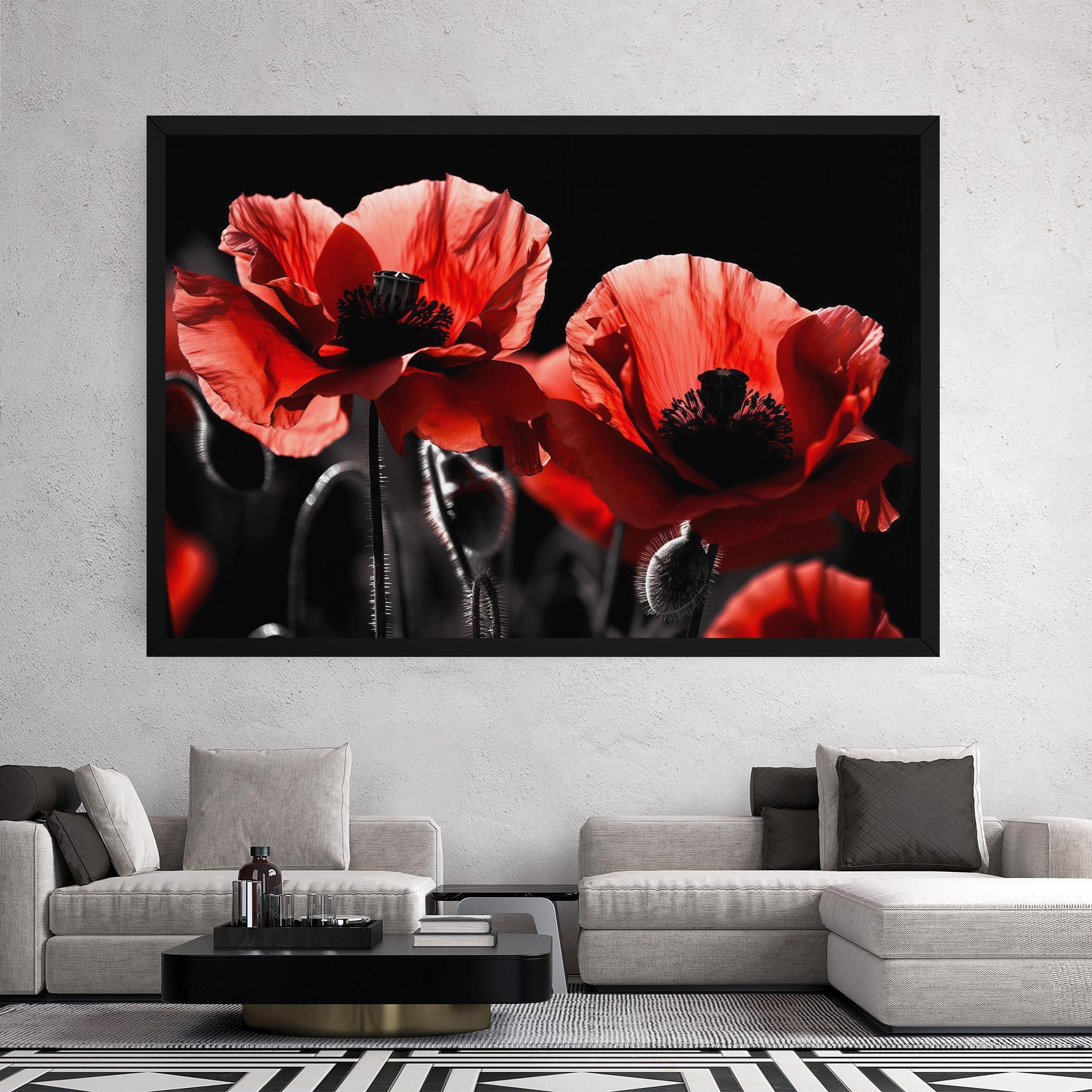 Tablou Canvas Light Red Poppy On Black mockup 2