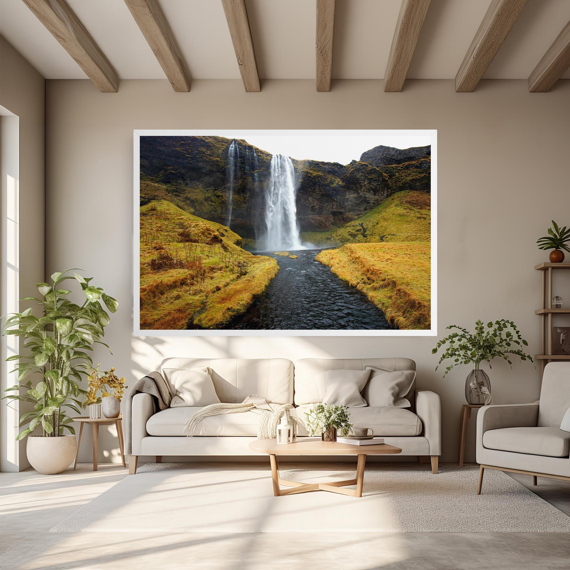 Tablou Canvas Yellow Grass Waterfall mockup 6