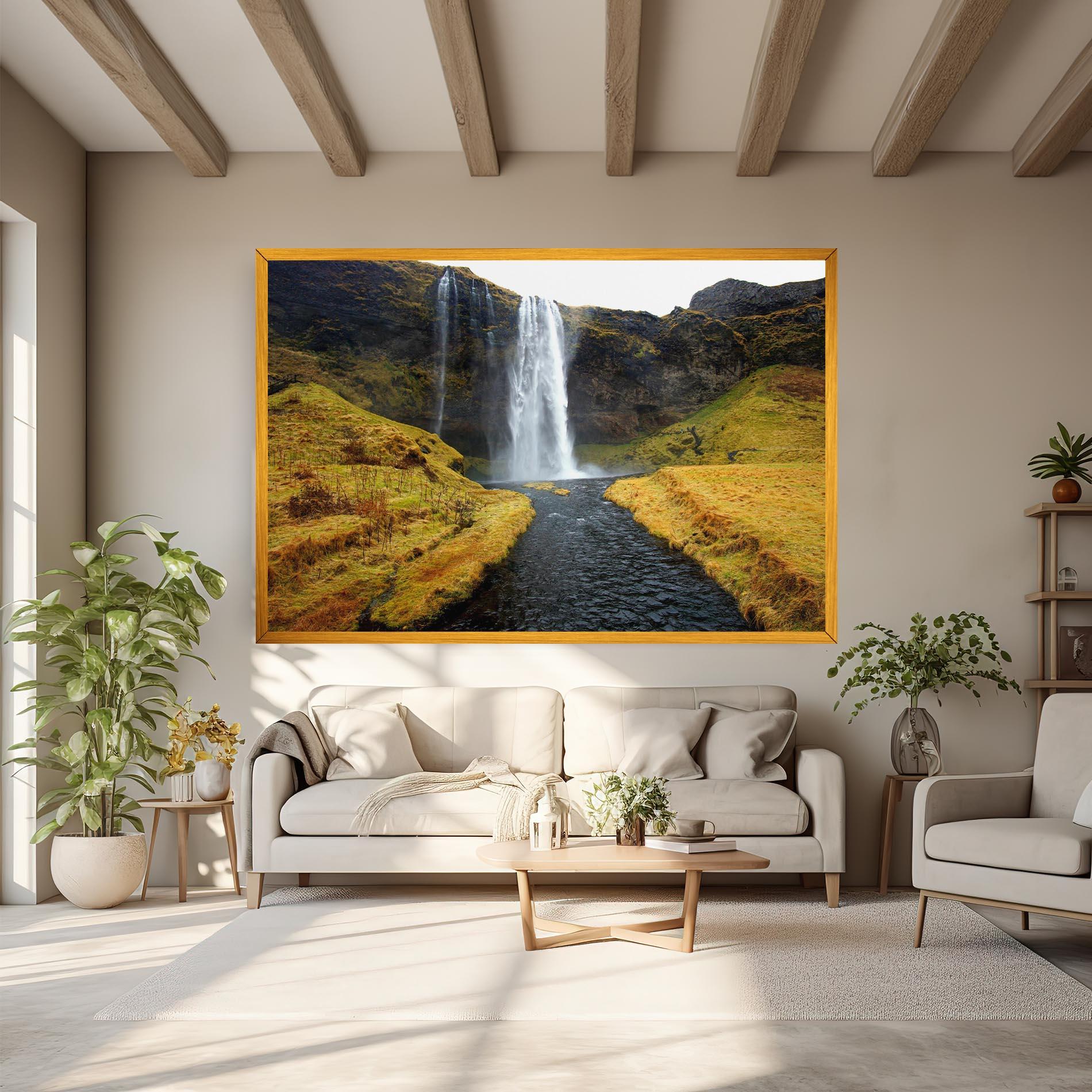 Tablou Canvas Yellow Grass Waterfall mockup 6