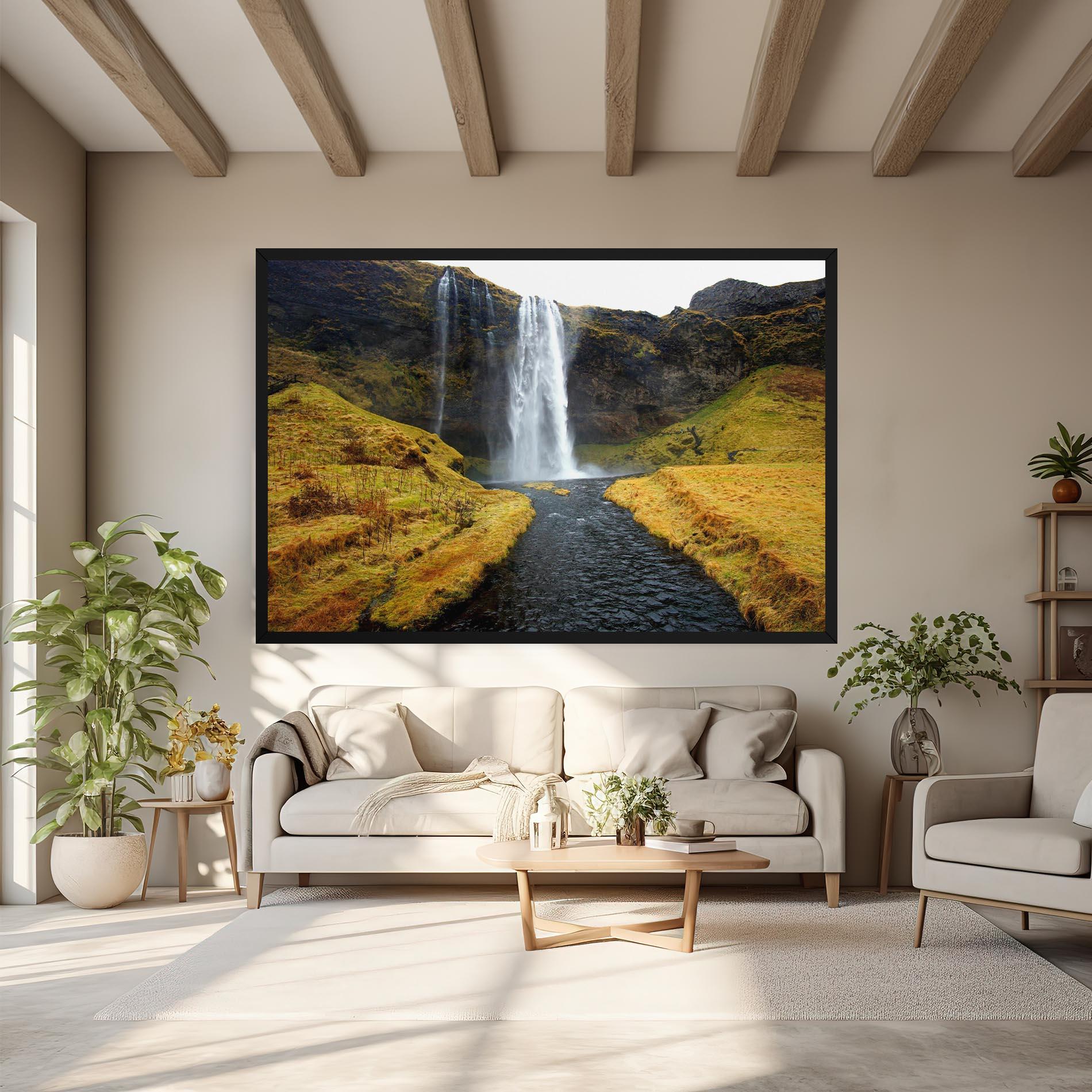 Tablou Canvas Yellow Grass Waterfall mockup 6