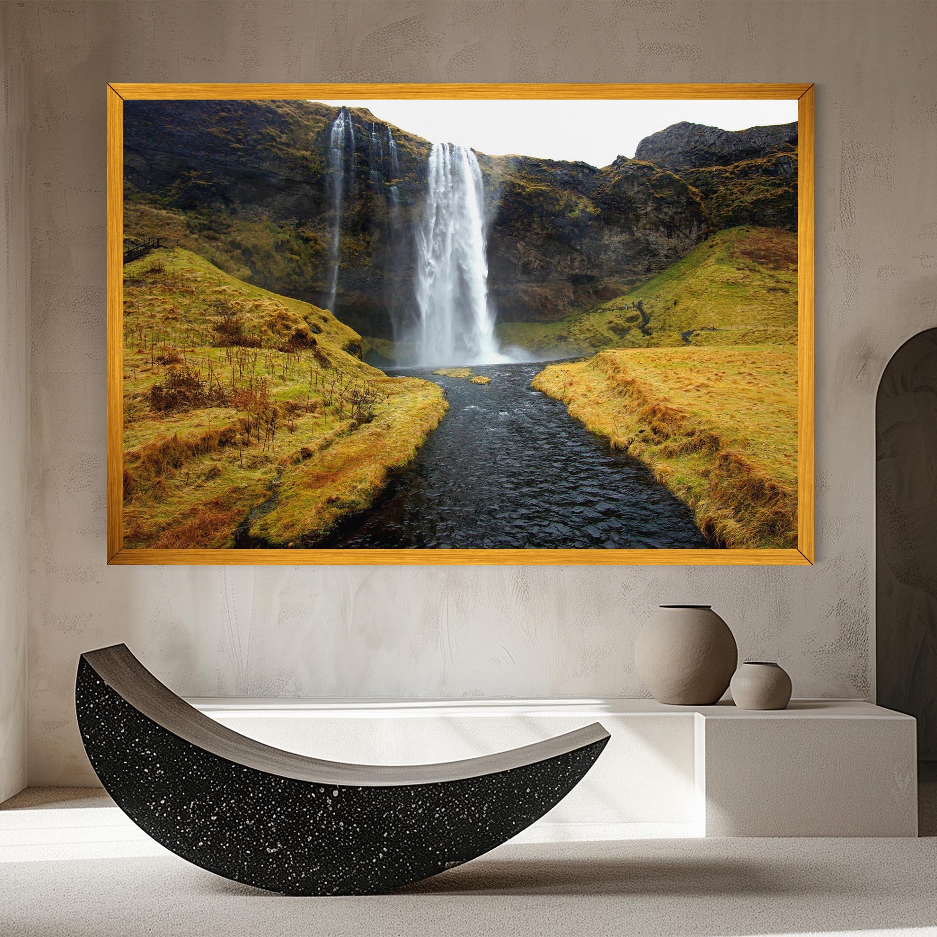 Tablou Canvas Yellow Grass Waterfall mockup 8