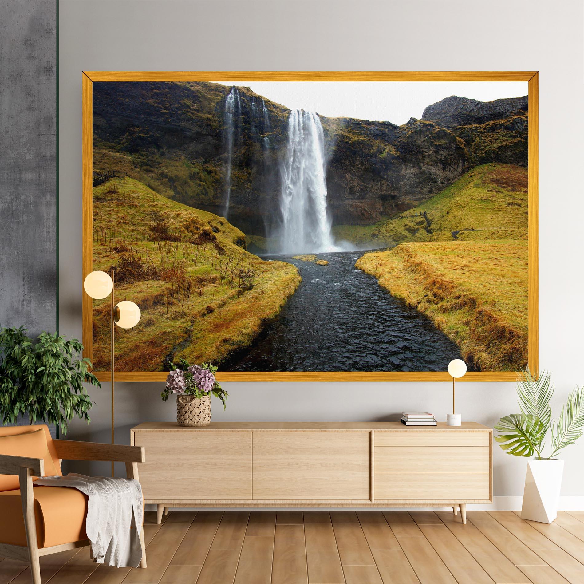 Tablou Canvas Yellow Grass Waterfall mockup 9