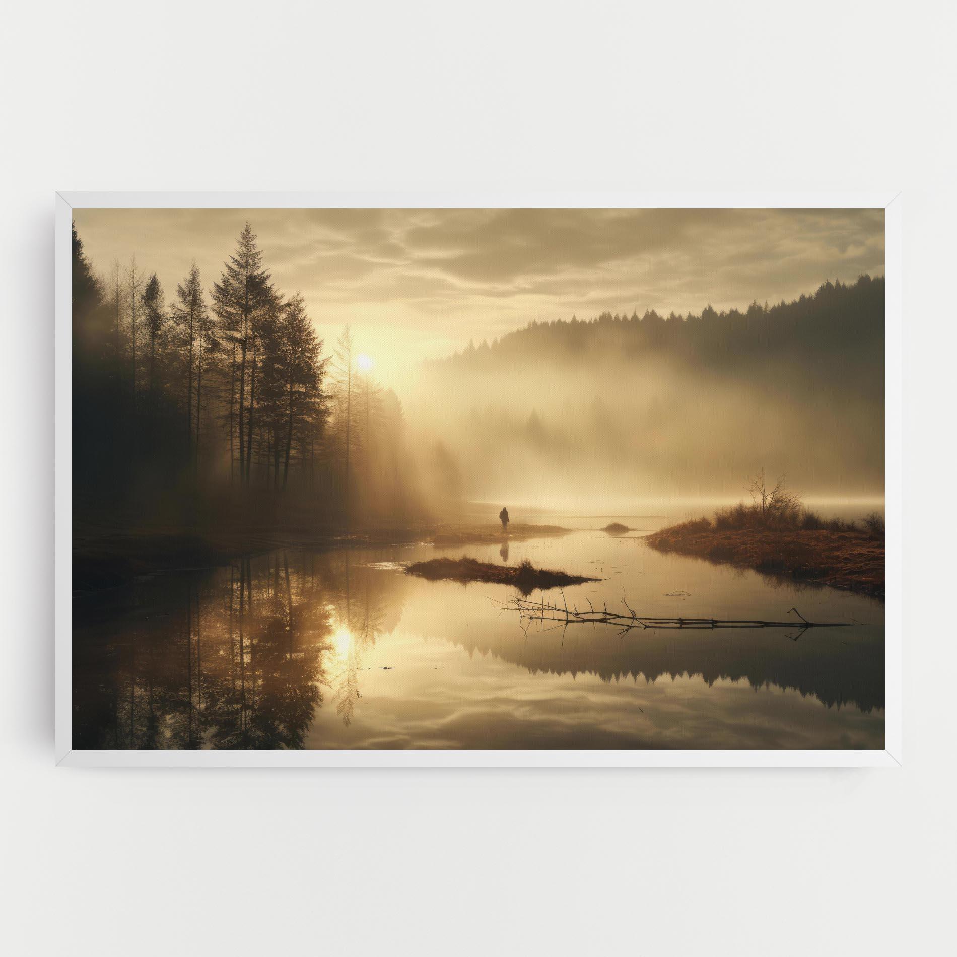 Tablou Canvas The Sun Is Rising Over A River In A Foggy Forest mockup 0