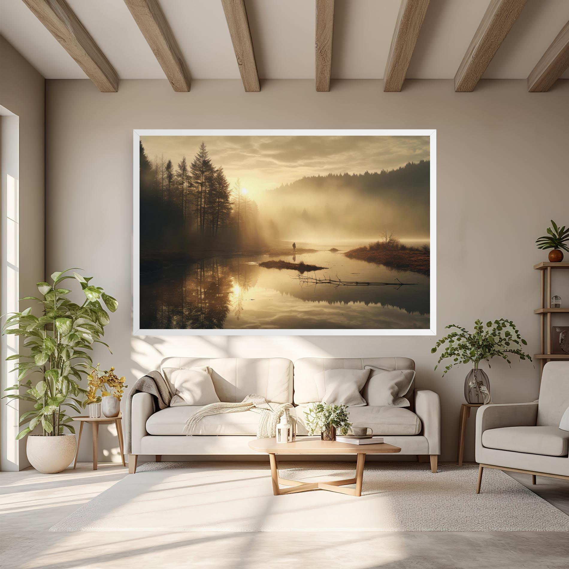 Tablou Canvas The Sun Is Rising Over A River In A Foggy Forest mockup 6