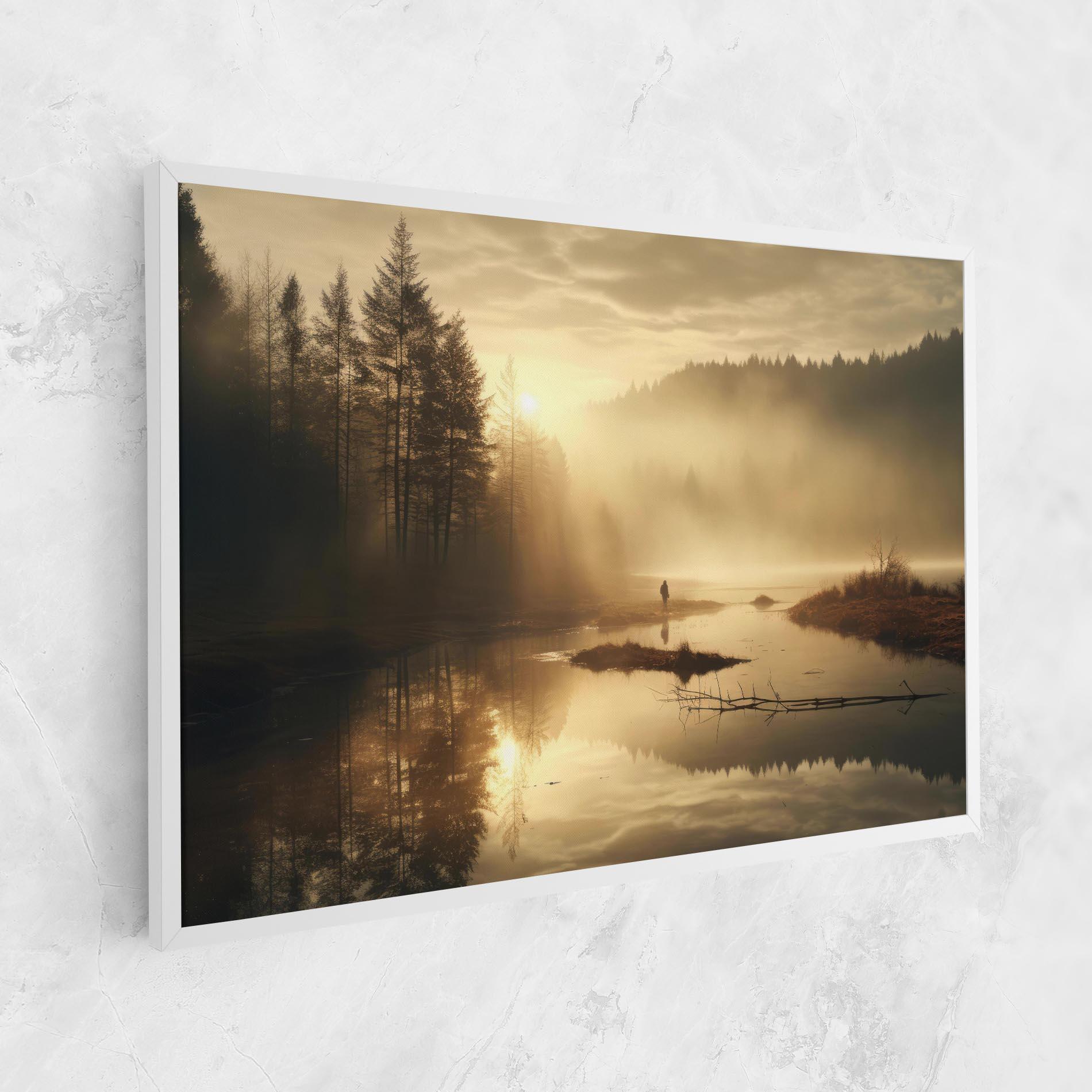Tablou Canvas The Sun Is Rising Over A River In A Foggy Forest mockup 1