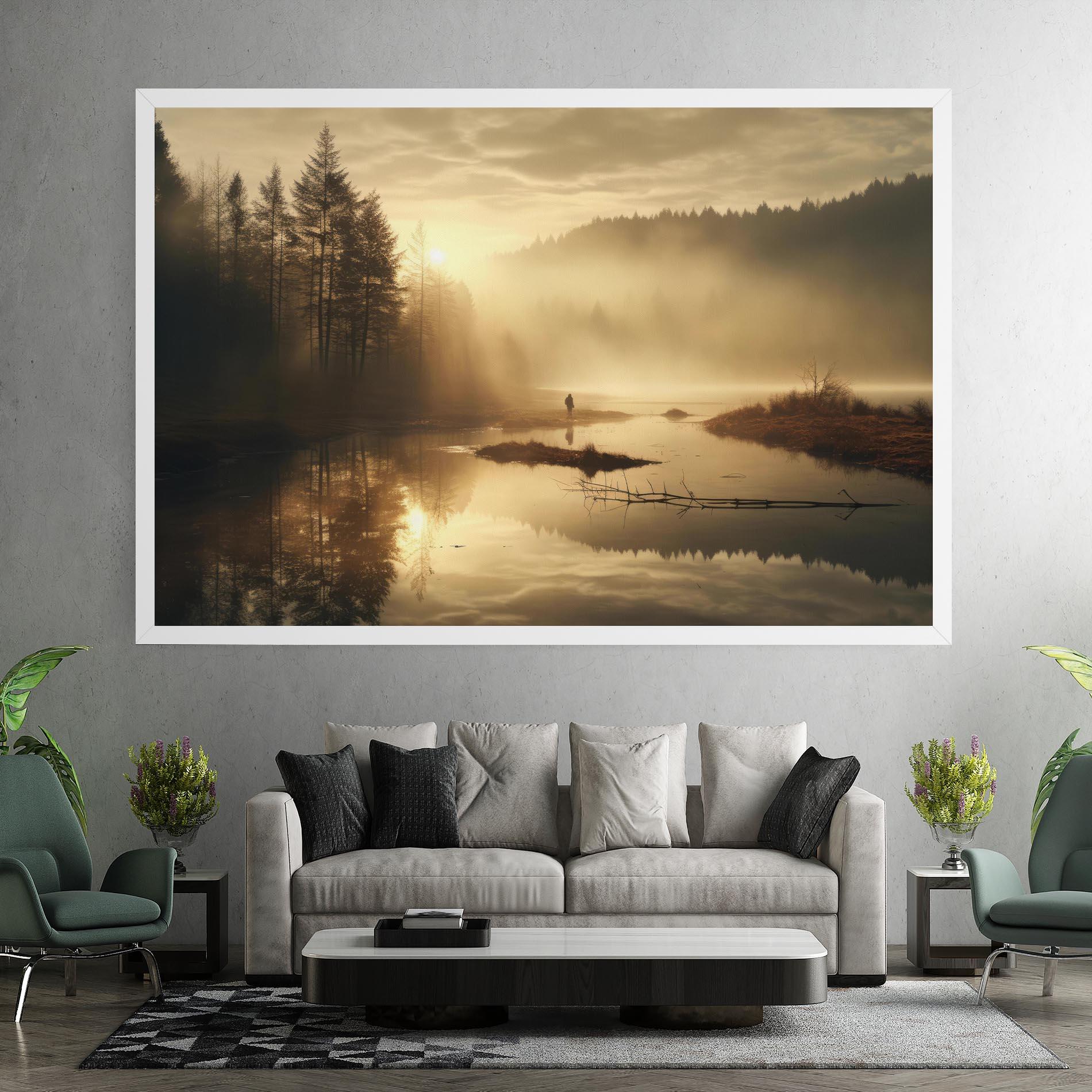 Tablou Canvas The Sun Is Rising Over A River In A Foggy Forest mockup 7