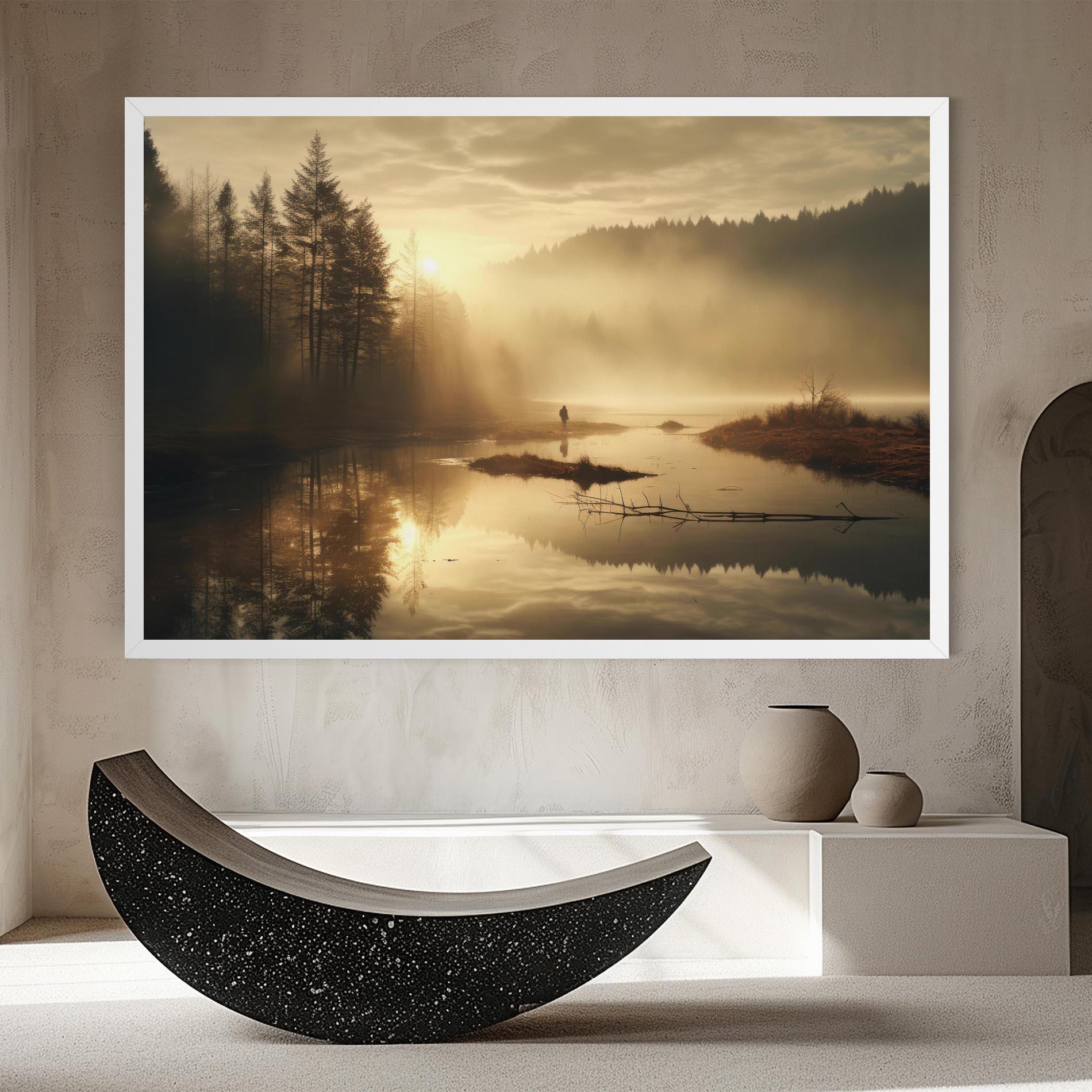 Tablou Canvas The Sun Is Rising Over A River In A Foggy Forest mockup 8