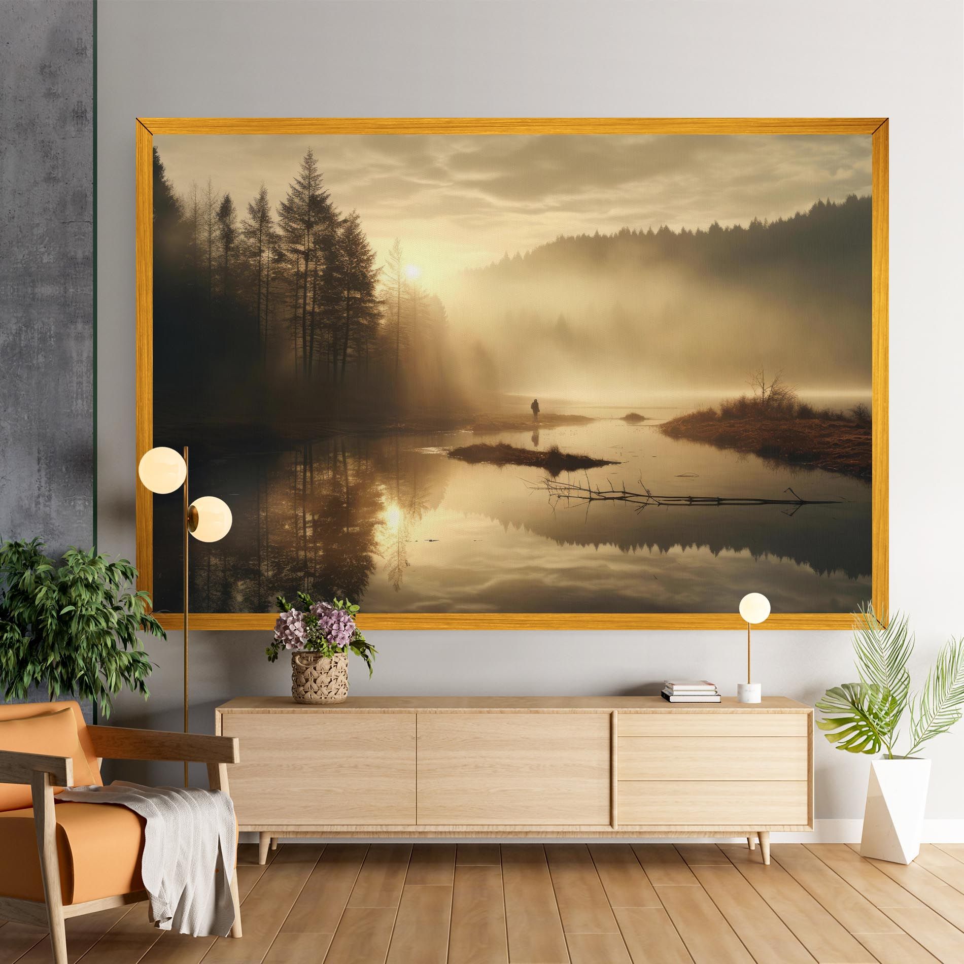 The Sun Is Rising Over A River In A Foggy Forest mockup 9