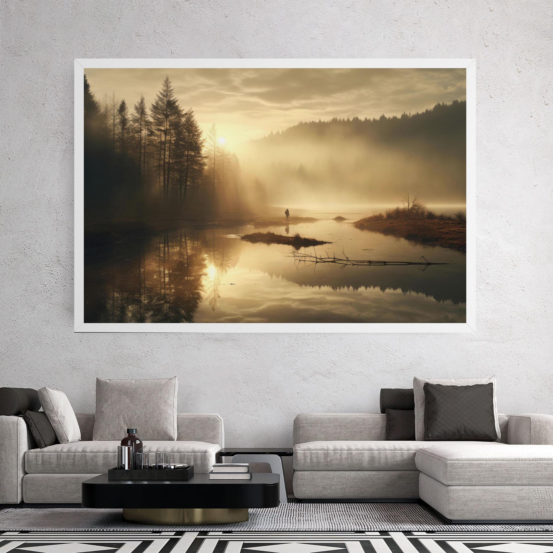 Tablou Canvas The Sun Is Rising Over A River In A Foggy Forest mockup 2