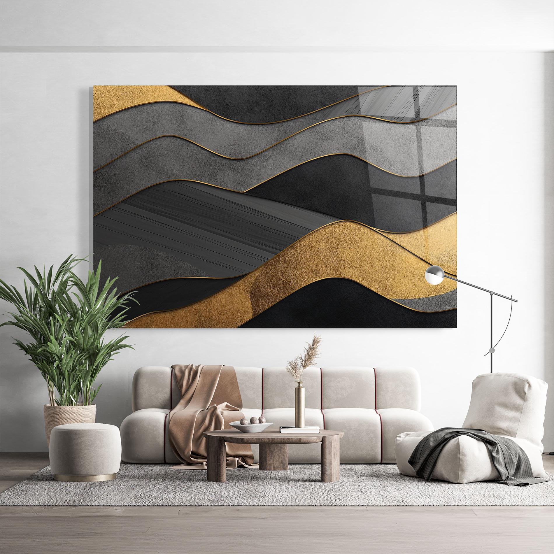 Tablou Sticla Abstract Gold And Grey Waves mockup 9