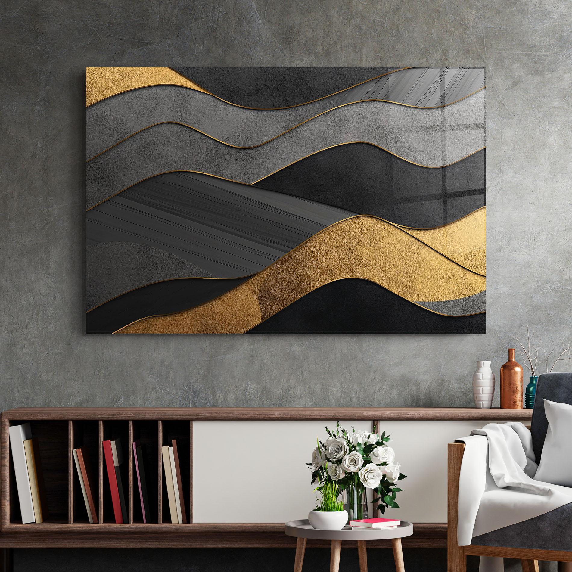 Tablou Sticla Abstract Gold And Grey Waves mockup 2