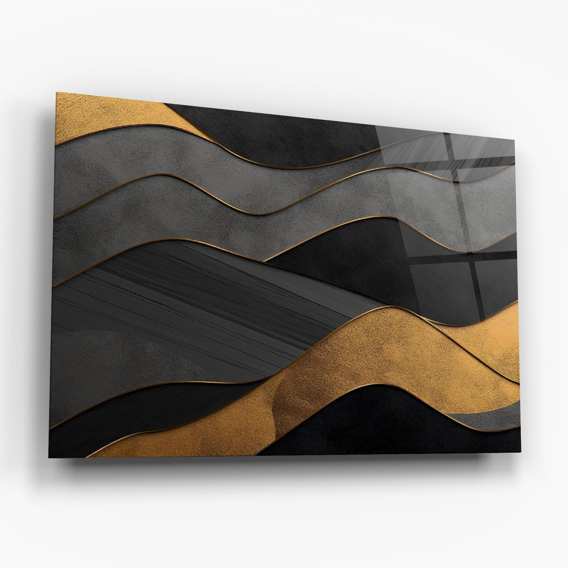 Tablou Sticla Abstract Gold And Grey Waves mockup 6