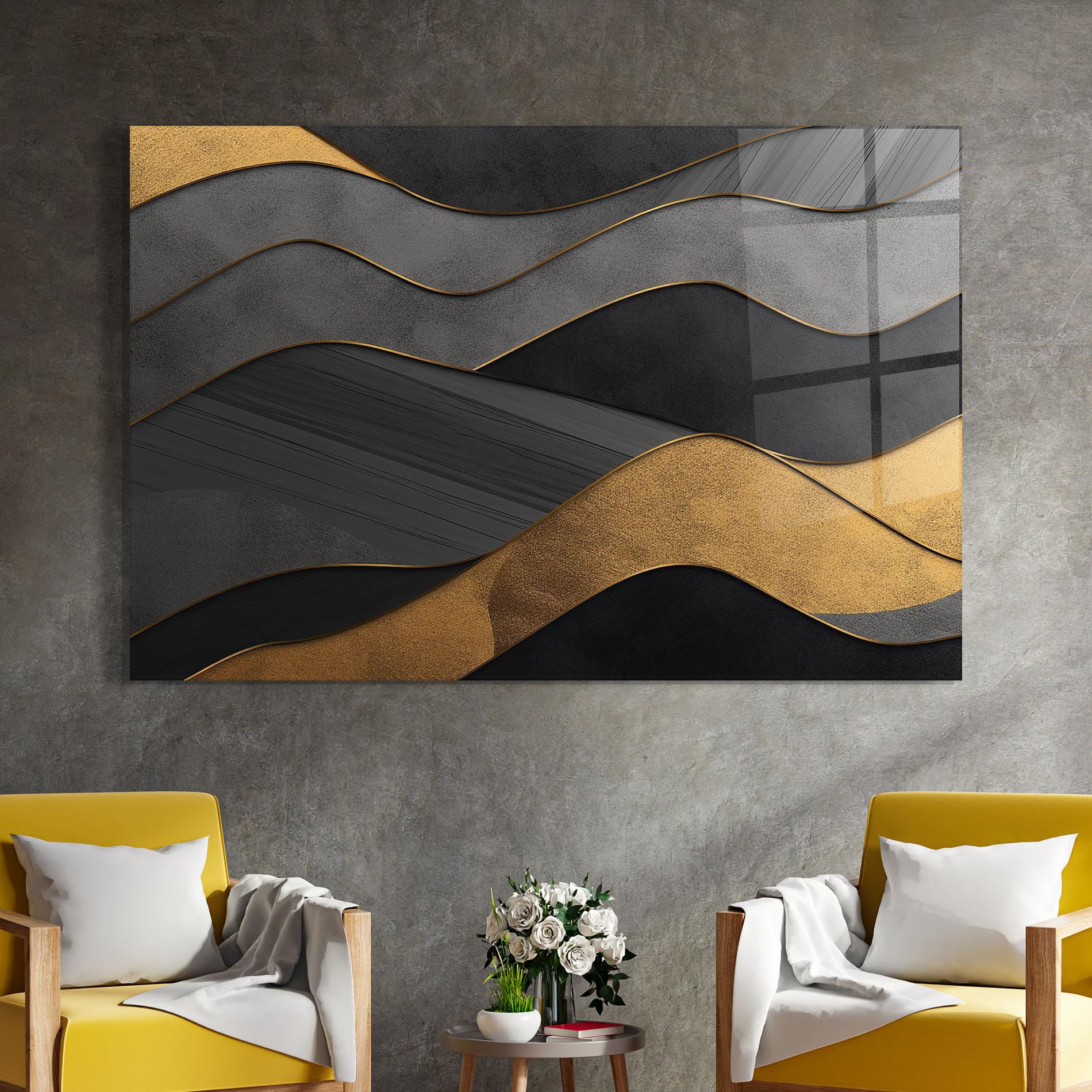 Tablou Sticla Abstract Gold And Grey Waves mockup 4