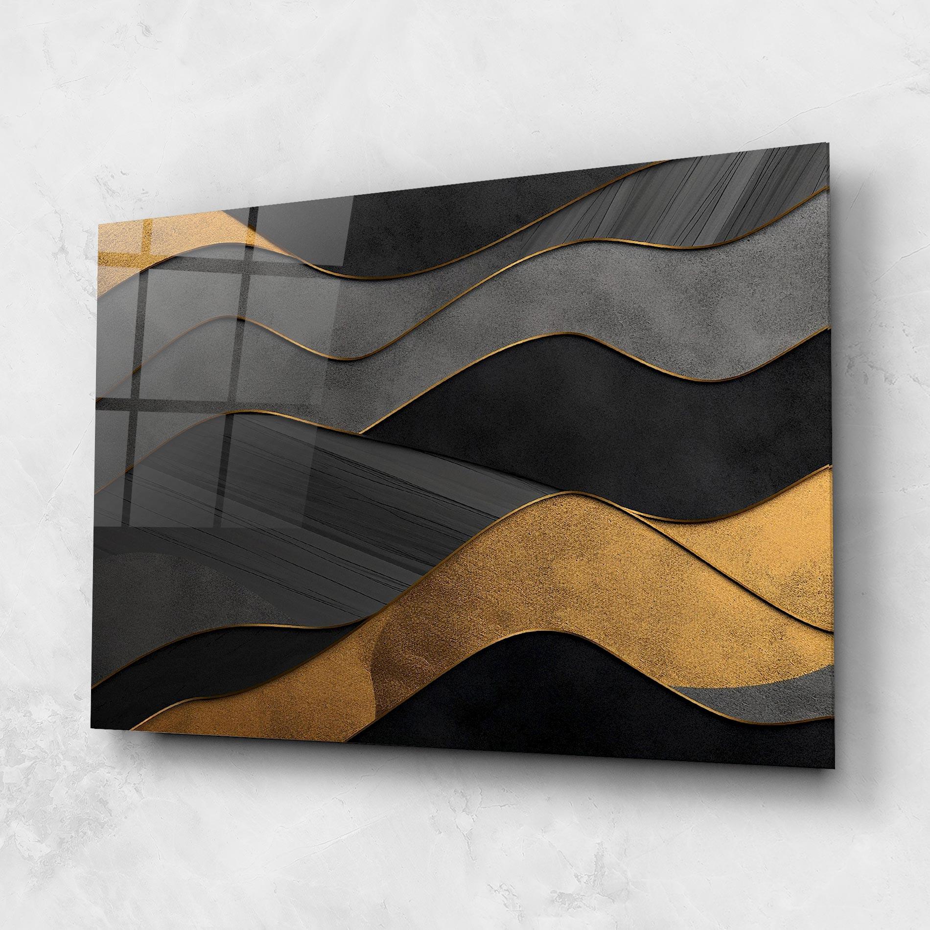 Tablou Sticla Abstract Gold And Grey Waves mockup 1