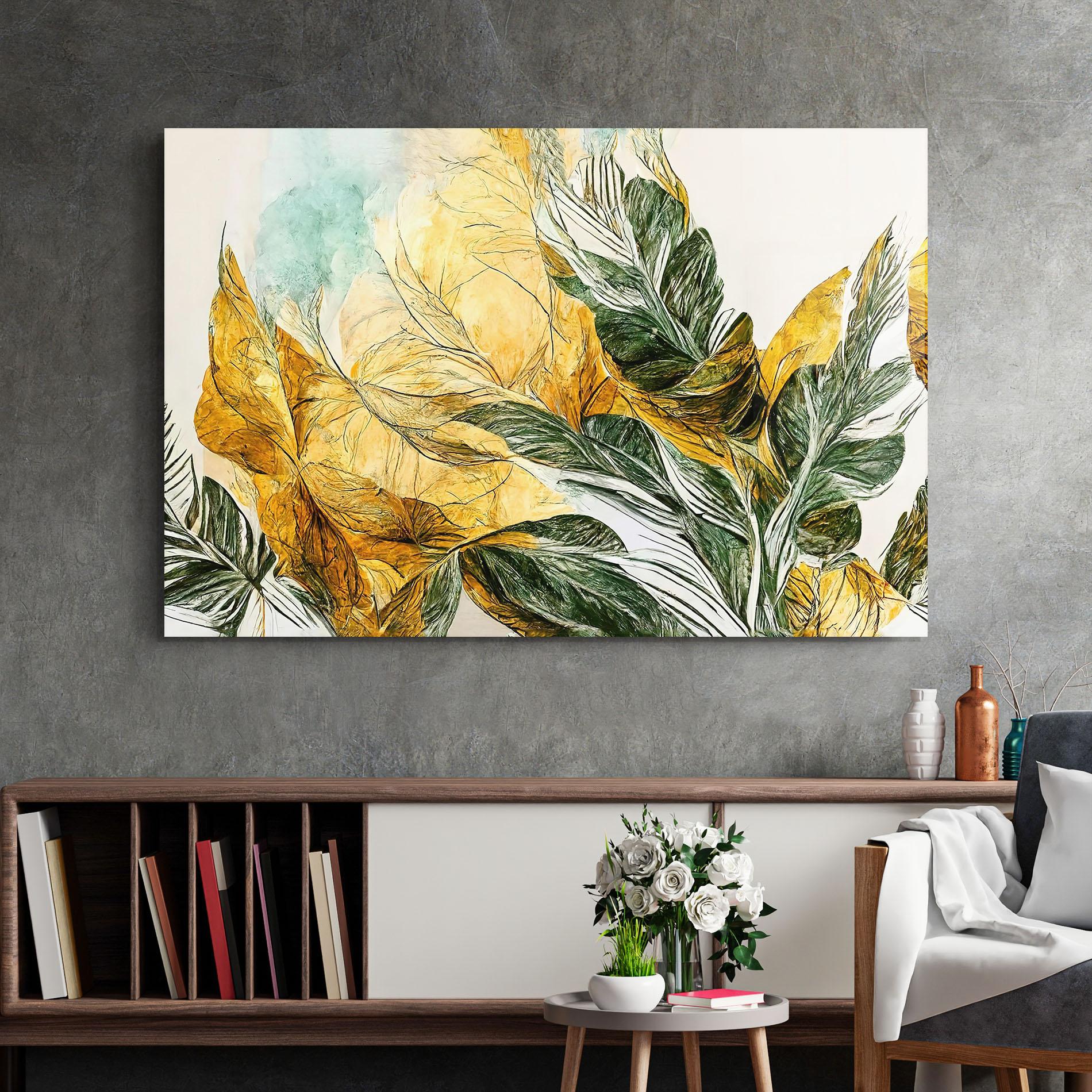 Tablou Sticla Gold And Green Leafes mockup 2