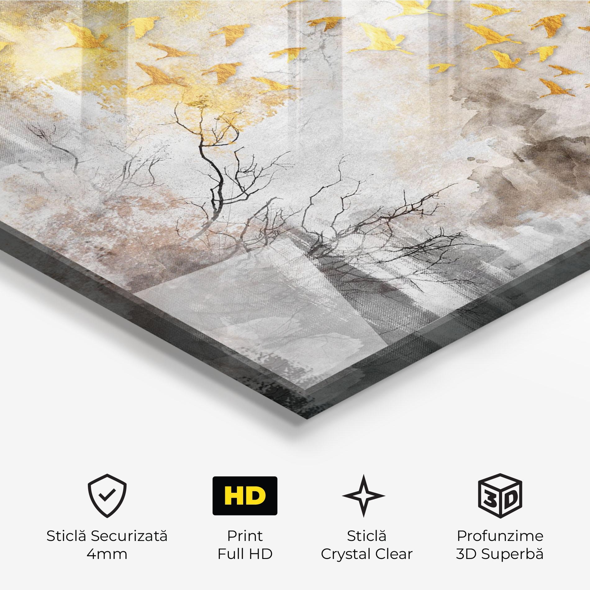 Tablou Sticla Gold Birds Flying mockup 3