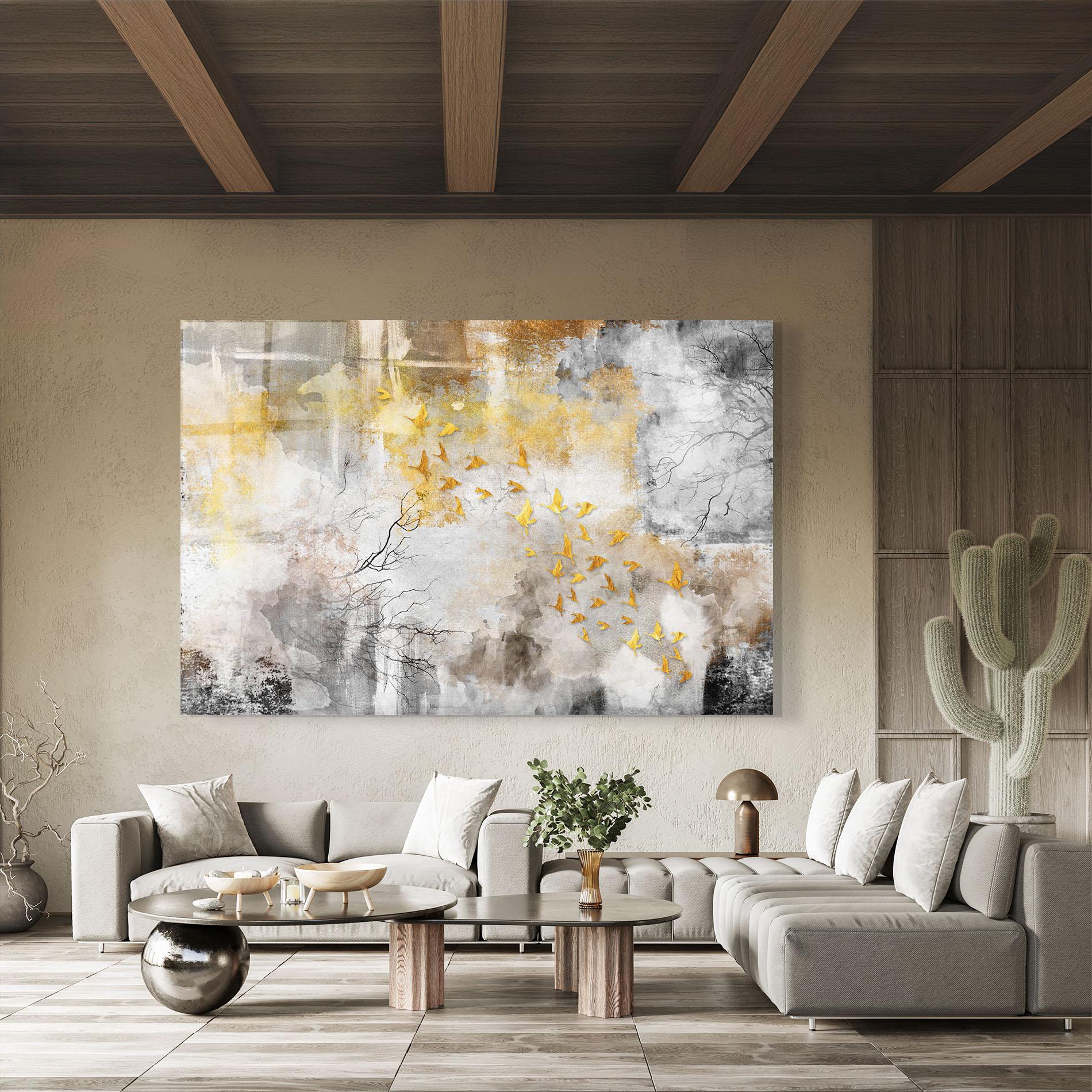Tablou Sticla Gold Birds Flying mockup 8