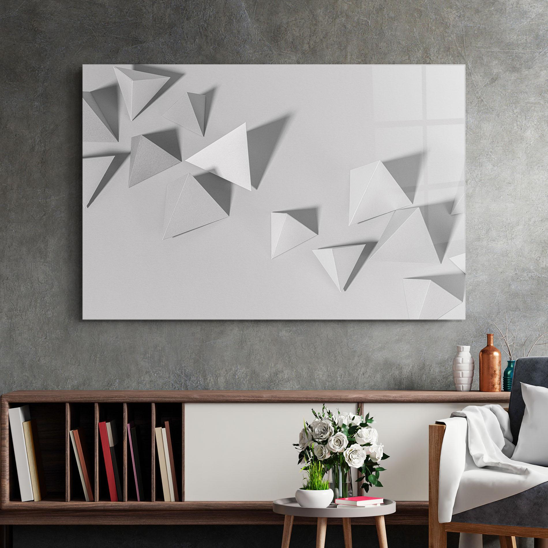 Tablou Sticla 3d White Triangle mockup 2