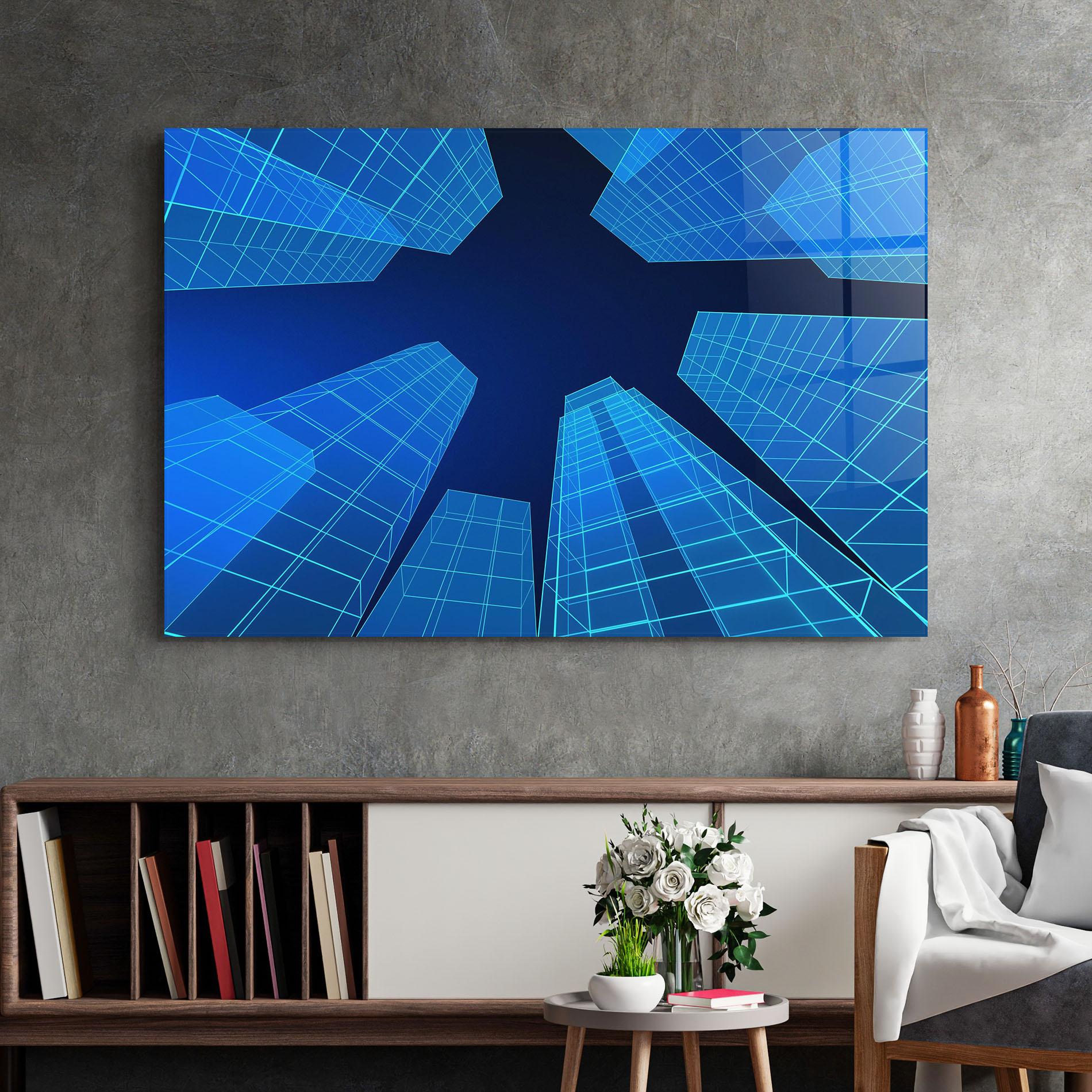 Tablou Sticla Blue Buildings mockup 2