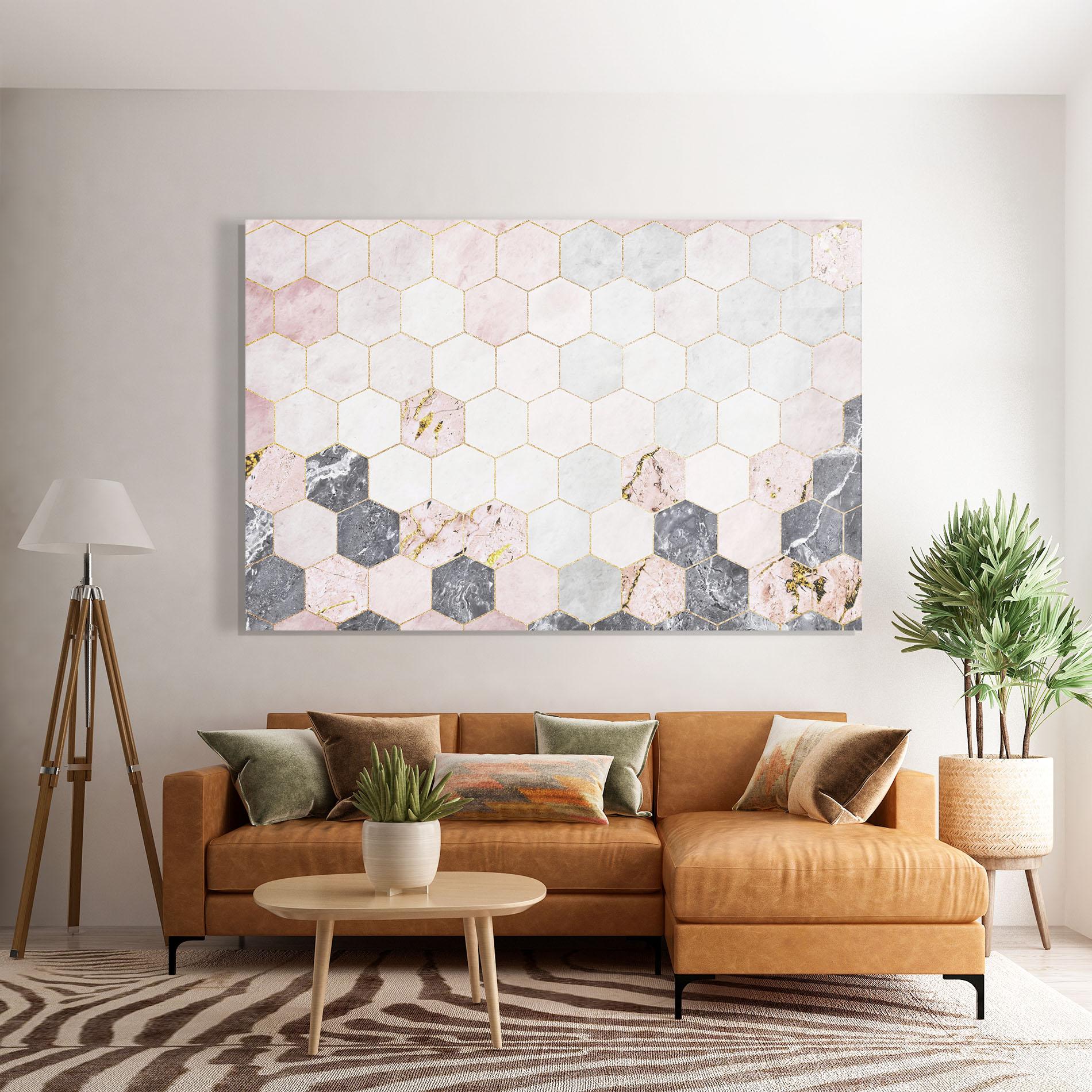 Tablou Sticla Grey Pink Hexagon mockup 7