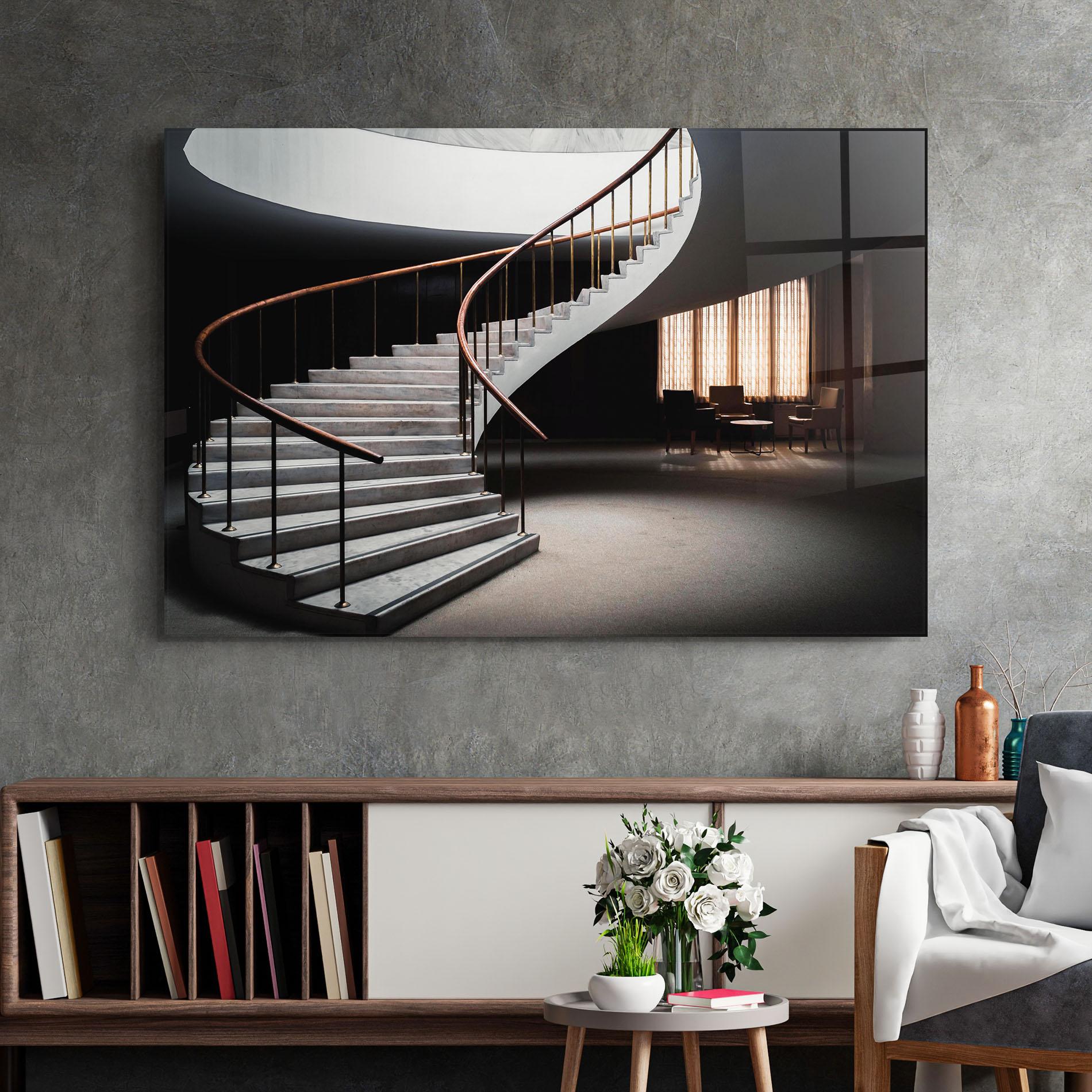 Tablou Sticla Dark Room Stairs mockup 2